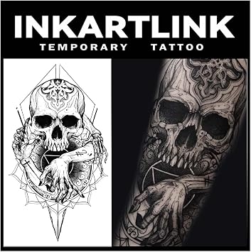 INKARTLINK Temporary Tattoo Stickers, Henna Tattoo, Set of 2, 2-Week Long-Lasting, Waterproof, Tattoo Stickers, Men and Women, Temporary Tattoo, Trendy, Half-Permanent, Fading Tattoo, Skull