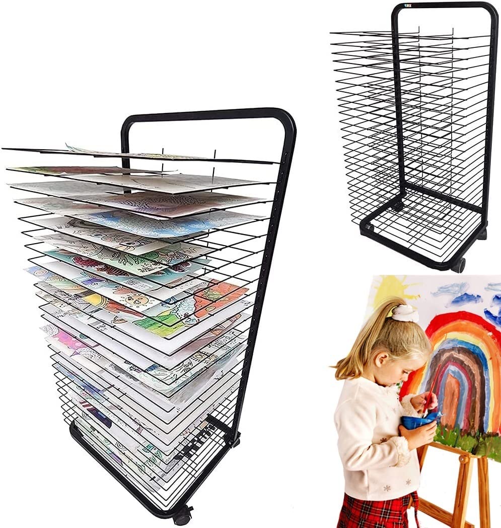 Aioneer Art Drying Rack, Mobile Cart for Painting Paper Craft Paint Artwork Wire Rack Storage, Flexible Shelves Metal Steel Art Drying Rack for Classroom, Art Studio Club, Black Powder Coated Finish
