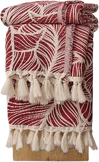 DOWN HOME Chenille Cotton Throw Blanket for Couch, Lightweight Boho Blanket for Bed Sofa Chair Living Room Outdoor Soft Woven Decorative Blanket with Tassel Gift Red Leaves 50"x70"