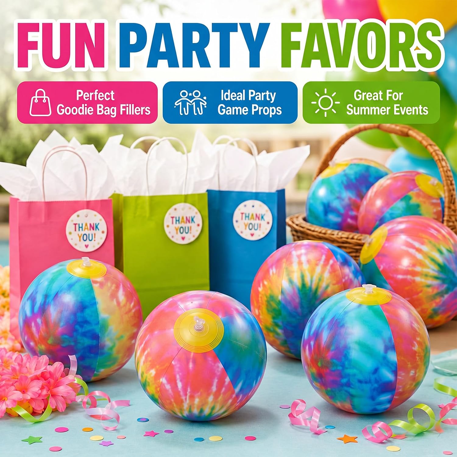 Realspring 12 Pack 8 Inch Tie Dye Beach Balls Bulk Rainbow Themed Pool Toys for Summer Beach Games Tie Dye Birthday Party Favors Hippie Party Decorations Supplies