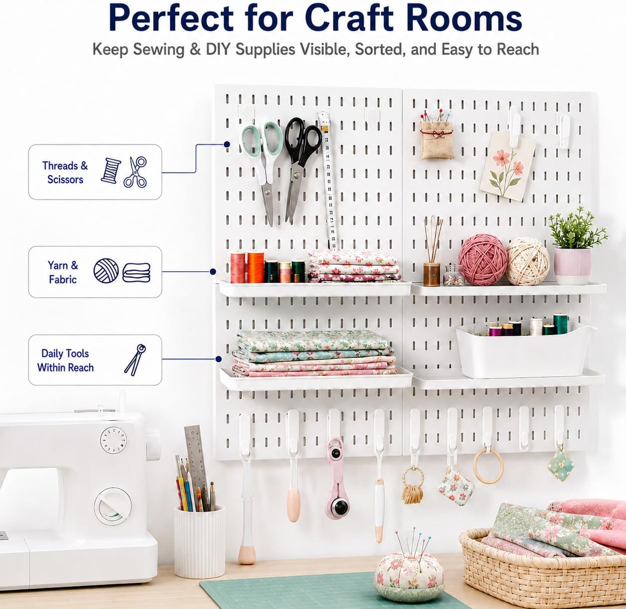 PSLER 22"×22" White Pegboard Kit with 17 Accessories, Garage Office Storage | Pegboard，Complete Hooks Accessories Kit, Multi-scene Organizer, Wall Mount Space Saving,Fits All Wall Surfaces
