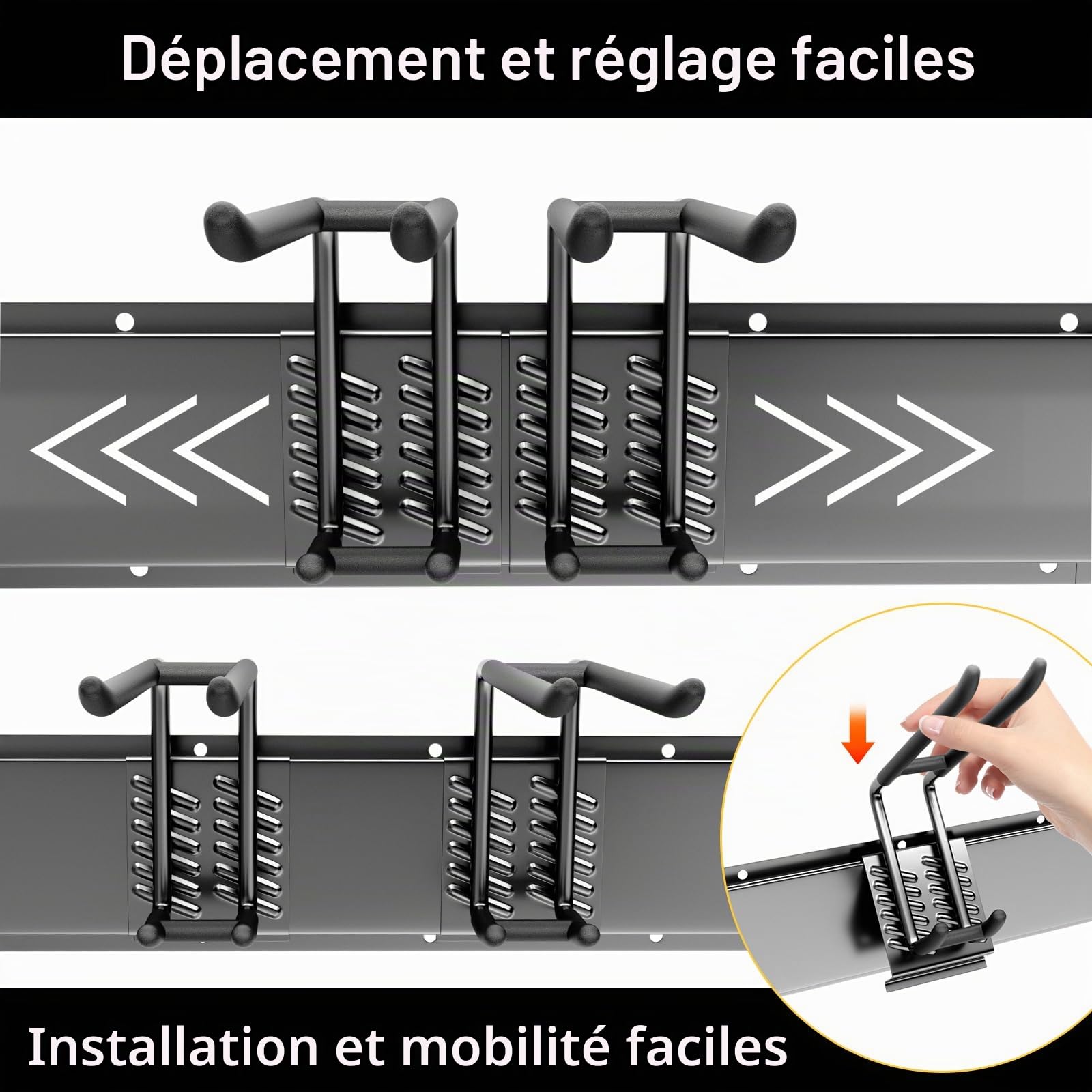 Support Réglable pour Outils de Jardin de 120 CM, Support Mural avec 3 rails et 8 Crochets, Tool Holder Wall Mounted Organizer de Ski, Adapté au Garage,à la cave, à la Terrasse (Noir)