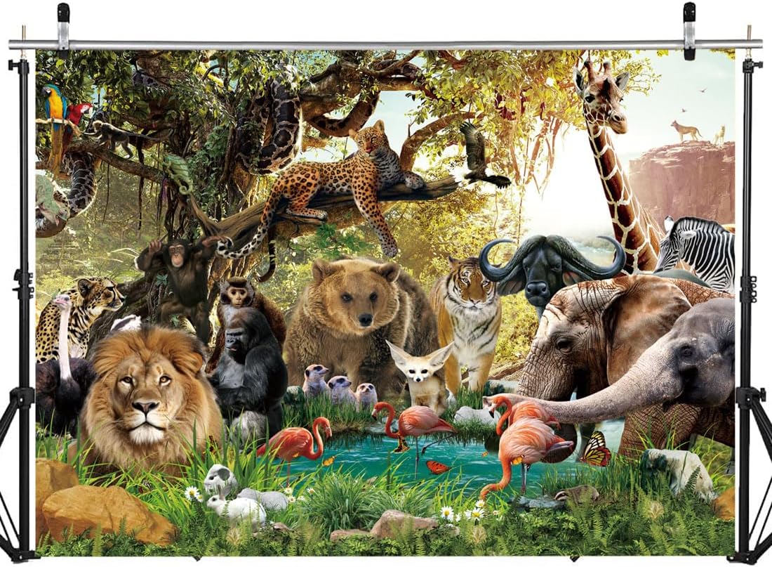 8X6FT Jungle Animal Photography Backdrop Summer Tropical Jungle African Forest Safari Scenic Party Photo Background for Boys Birthday Party Table Decor Banner Children Room Decoration DH-268