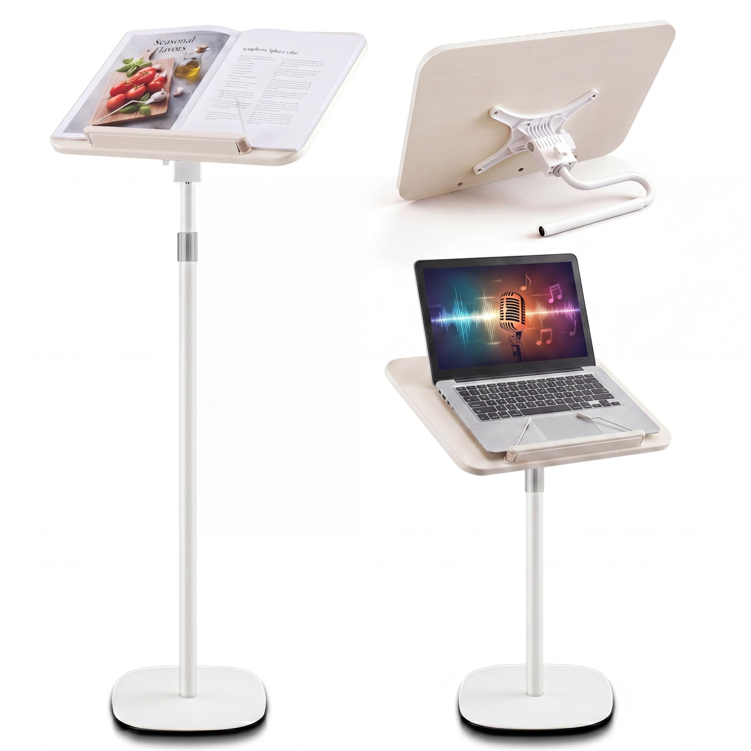 Photo 1 of 2 in 1 Dual-use Floor & Desktop Book Stand White, 19.6-54 Inch Height Adjustable, for Bible Stand Music Holder Podium Recipe Cookbook, Foldable Book Holder for Reading with Page Clips