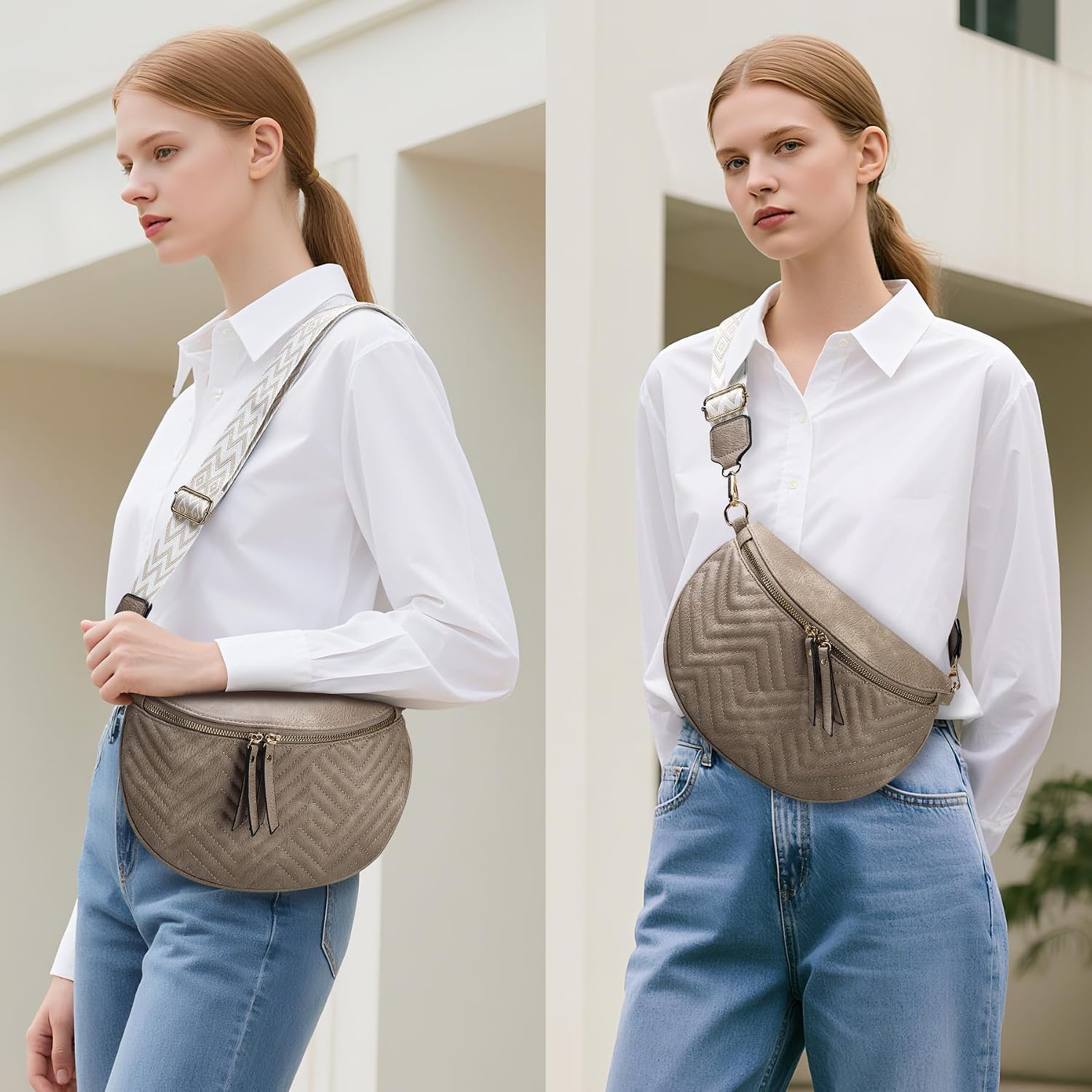 Women's Vegan Leather Crossbody Waist Pack, Fanny Pack Sling Bag with Adjustable Belt, Boho Style Shoulder Purse for Travel, Daily Use (Khaki)