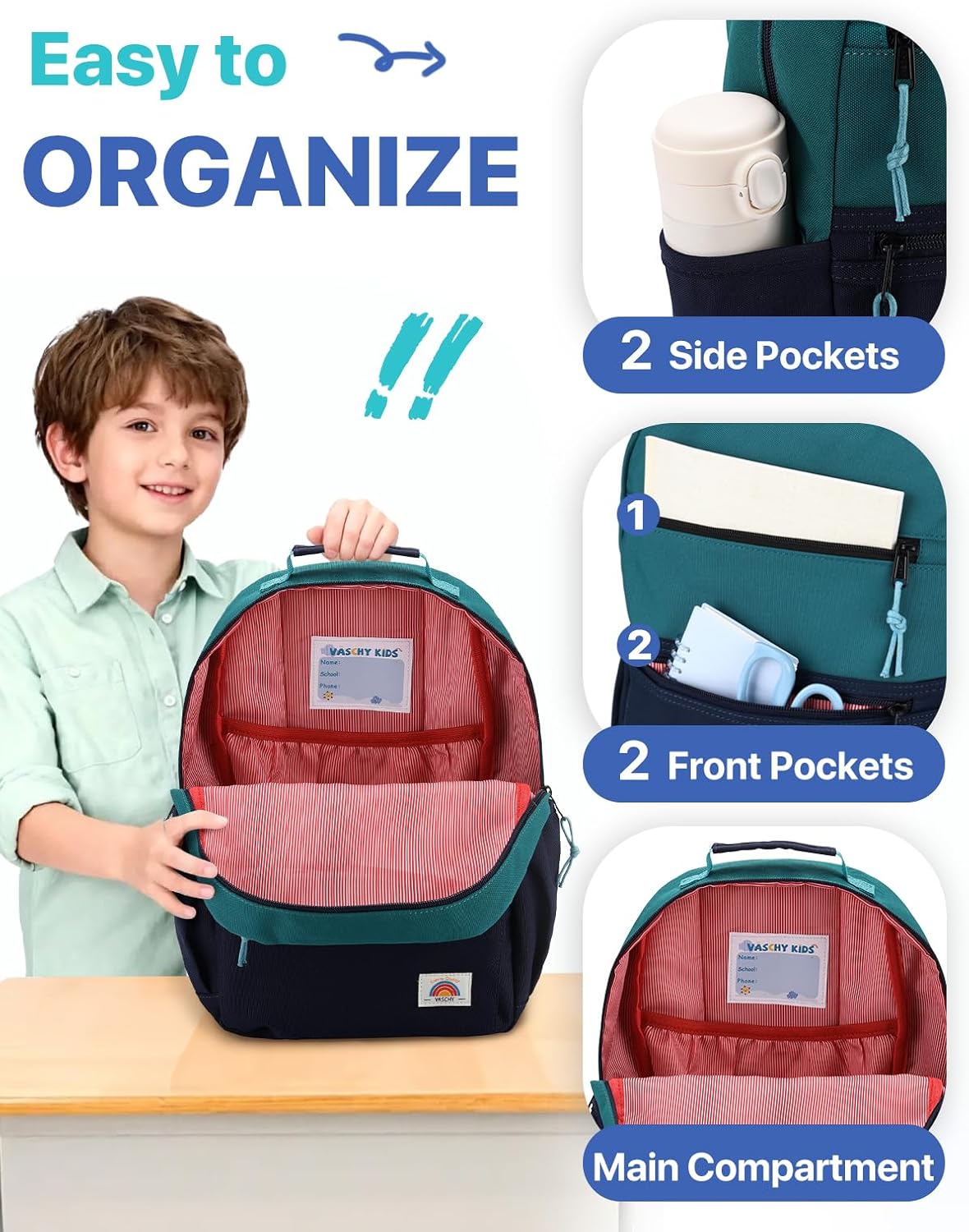 VASCHY Toddler Backpack, Boys Lightweight Plain Color-block Small Kids Backpack Bookbag for Preschool/Kindergarten/Daycare/Travel Navy Green - Image 4