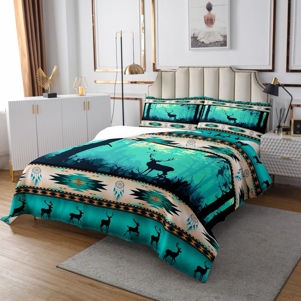 Deer Hunter Quilt Set King Southwestern Native Aztec Western Bedspread Set,Bohemian Dream Catcher Coverlet Set Moose Reindeer Indian Tribal Geometric Bedding Set,Country Farmhouse Rustic Room Decor