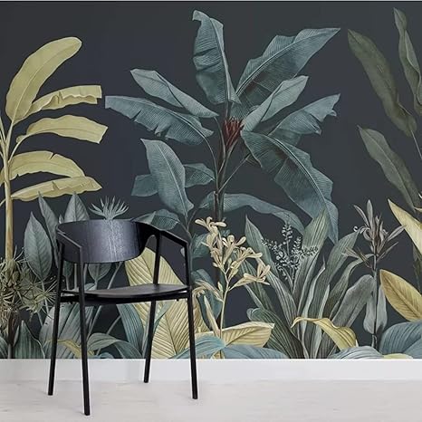 Amazon 不織布の3d壁紙をカスタマイズする ダークブルー グリーントロピカルジャングル植物バナナの葉 Hdアートプリント壁画ポスター画像大3d 壁紙 300x210cm 壁紙