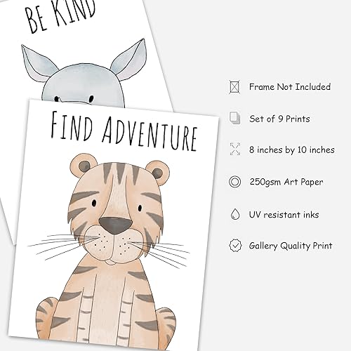 Miniatura 3 de Whaline 9 piezas de decoración de pared de safari para bebé, citas inspiradoras, impresión de papel, león, elefante, tigre, arte de acuarela