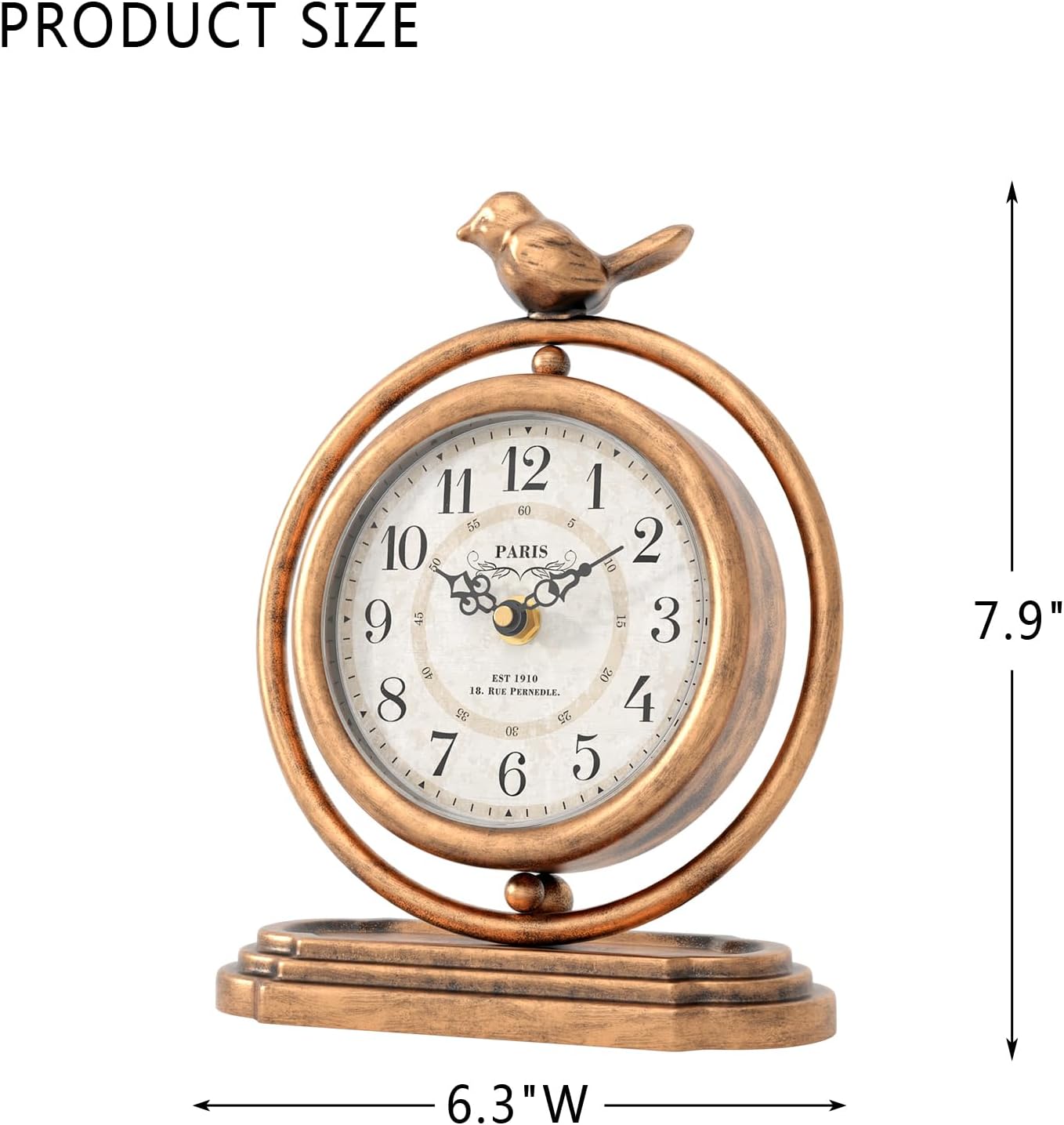 Gold Vintage Table Clock with Bird, European Retro Style Mantel Clocks, Desk and Shelf Decor Clock, for Living Room, Farmhouse, Bedside, Bedroom, Gift (7.9 H x 6.3 W)