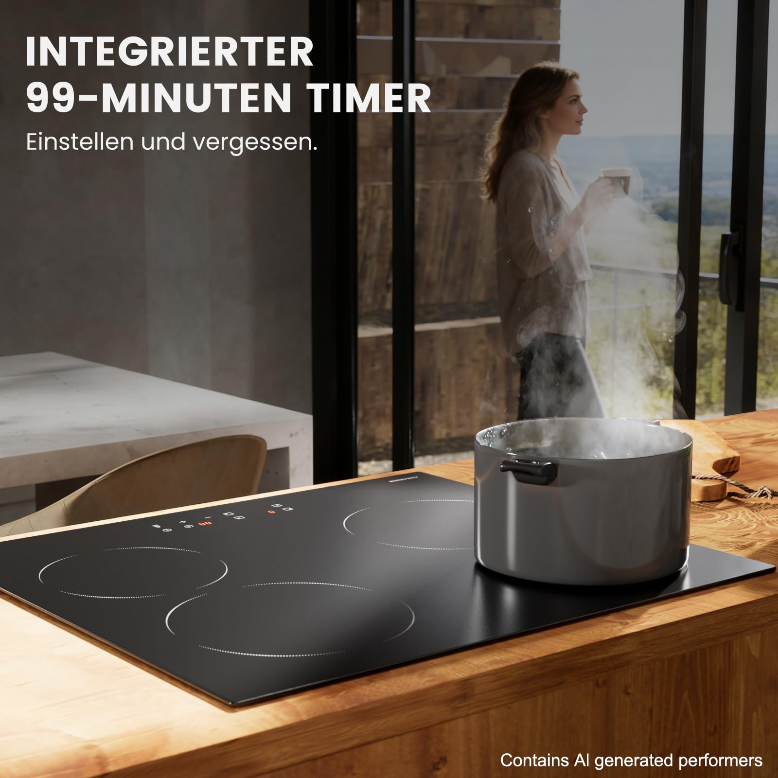 Glaskeramikkochfeld 4 Platten Einbau mit Abriebfeste Glaskeramik | Kochplatte, 2 Jahre Garantie, 59cm, 6000W Touch, 9 Leistungsstufen, Timer 1-99 Min, Kindersicherung, für alle Töpfe