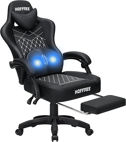 HOFFREE Silla de juegos para computadora con cojín de resorte de bolsillo, silla de juegos de masaje con reposapiés ergonómico de cuero con respaldo