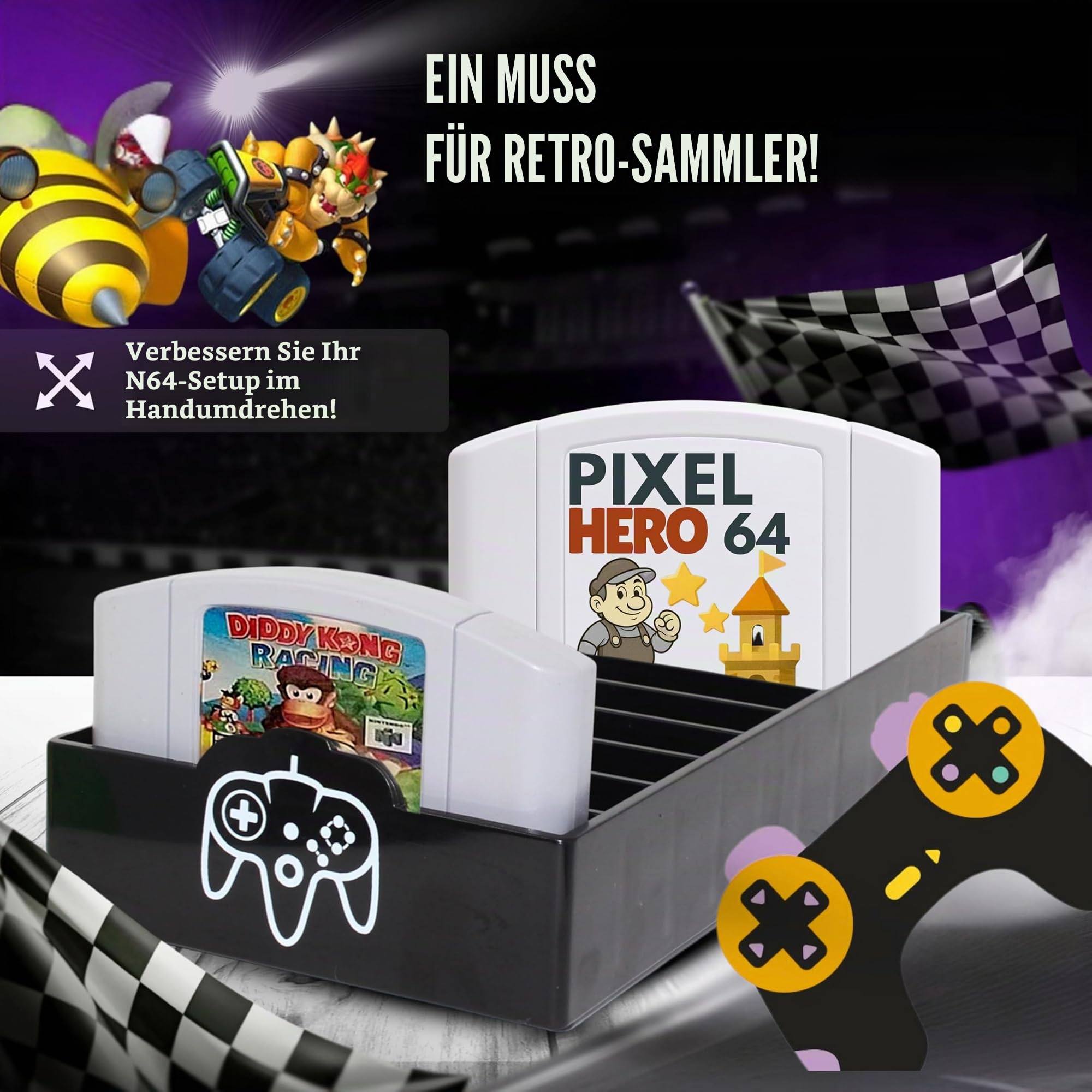 Skywin N64 Spielaufbewahrung – N64 Spielhalter passt und organisiert N64-Patronen – einfaches und stilvolles Design, um Ihre Spielesammlung zu zeigen