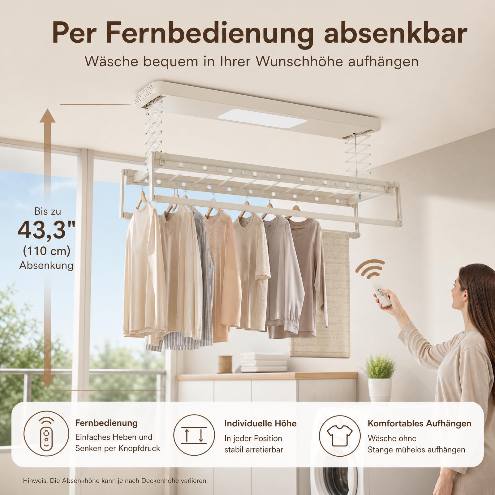 Elektrischer Wäscheständer Deckenmontage,Teleskopierbar 130-215cm