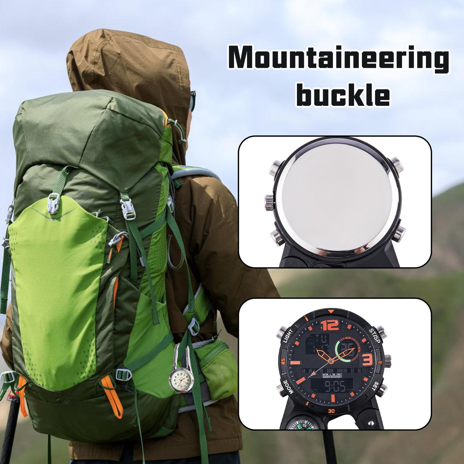 GOMETY Taschenuhr mit Karabiner Schwesternuhr, Clip Karabineruhr mit Leuchtendes, Kalender, Woche, Wecker, Kompass, Digital Uhr Analog Quarzuhr Multifunktionale für Camping Bergsteigen