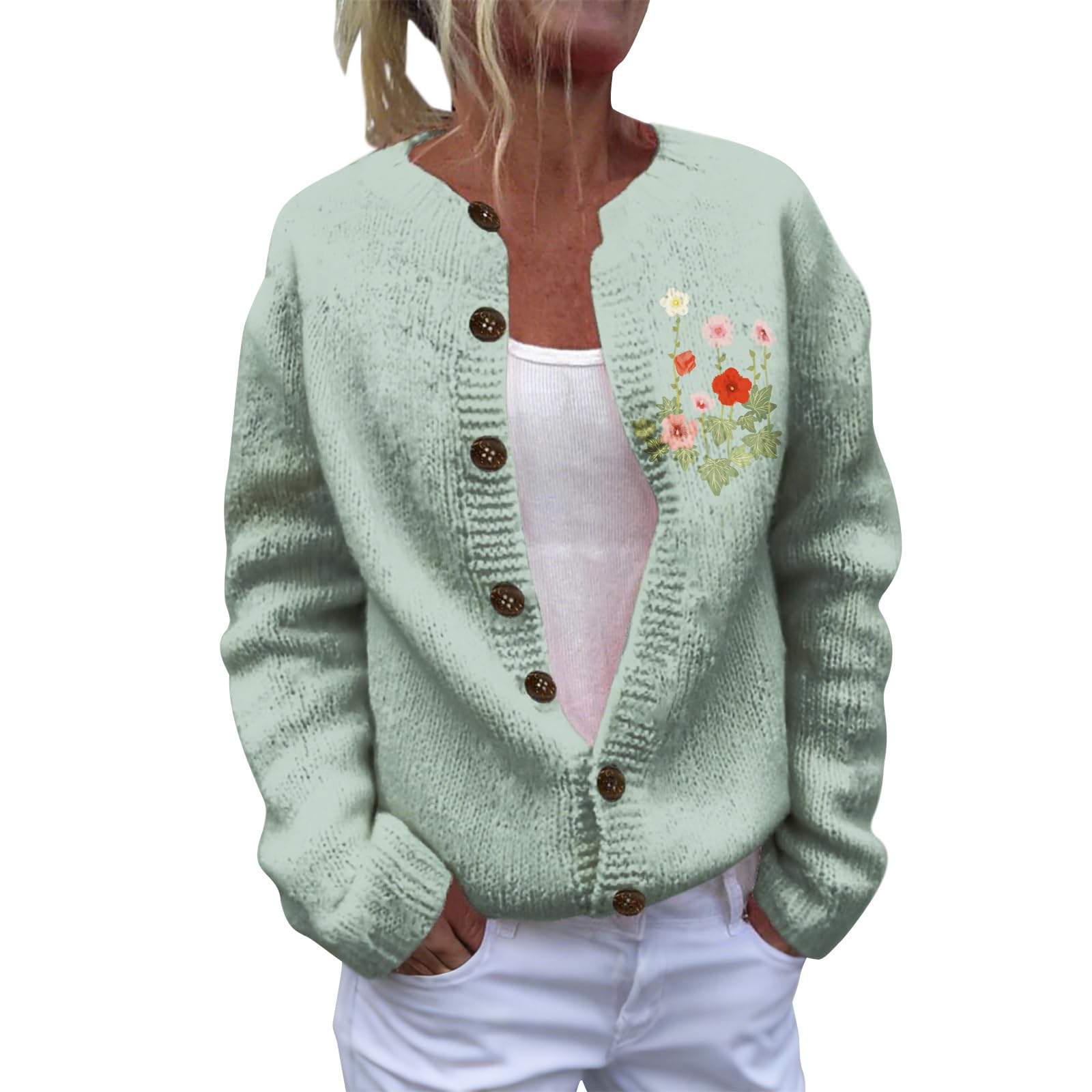 Womens Cardigan Sweater Autumn Winter Floral Print Button-Up Loose Fit Outerwear Long Sleeve Lightweight Knit Top