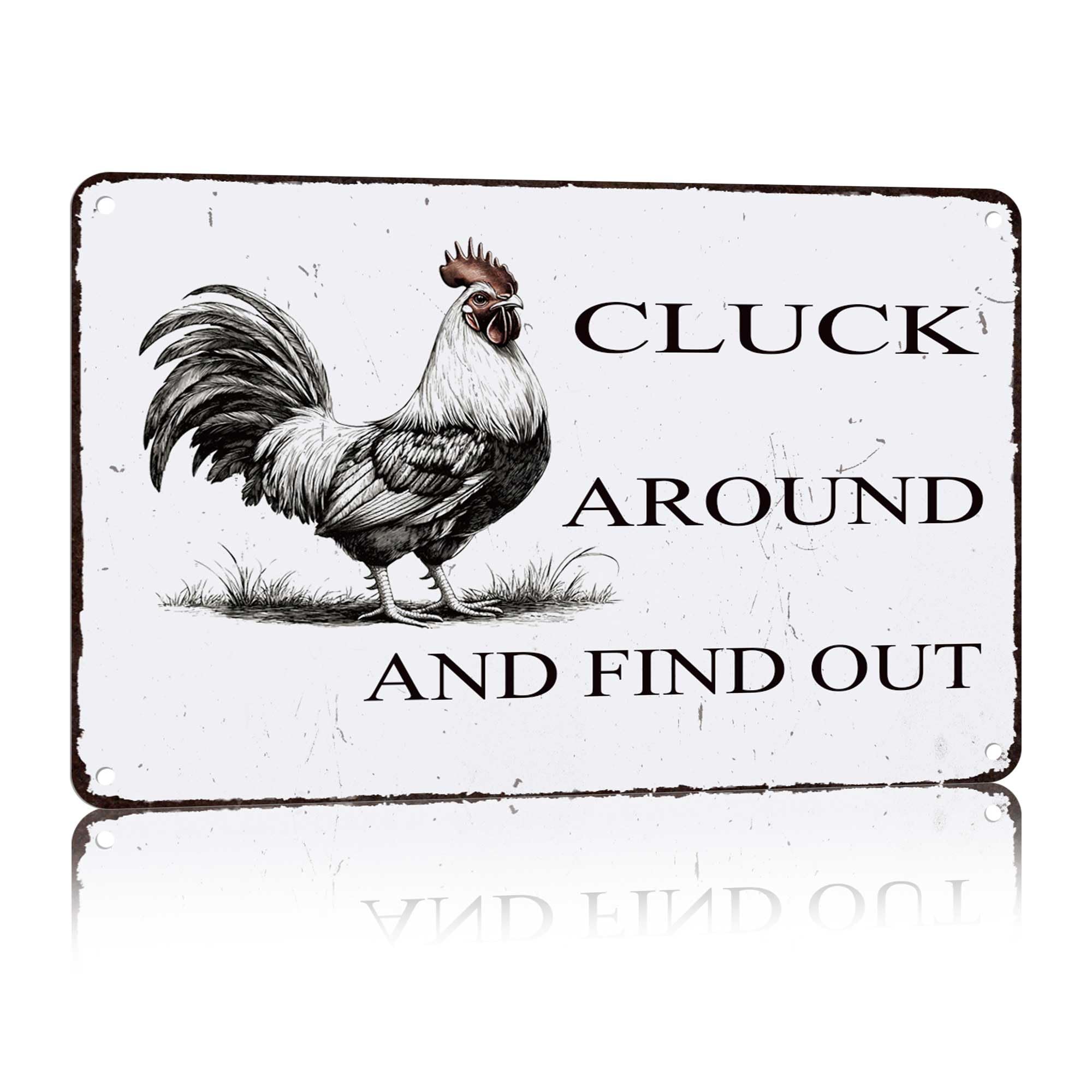 peiyeety Funny Chicken Coop Sign Cluck Around & Find Out Vintage Metal Tin Sign 8x12 Inch - for Farmhouse Kitchen Decor,Chicken Coop Accessories,Barn,Rustic Home & Garden Wall Art with Hanging Holes
