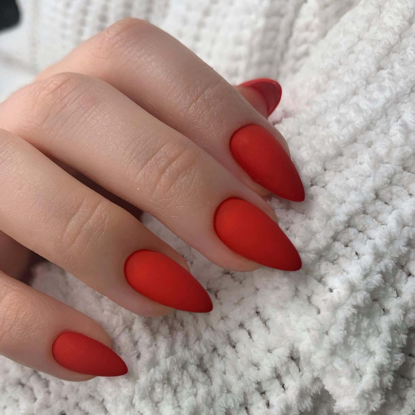 KQueenest Soft Gel Press on Nails Almond Medium, Matte Light Red False Nails Almond, Solid Color Stiletto Fake Nails Set