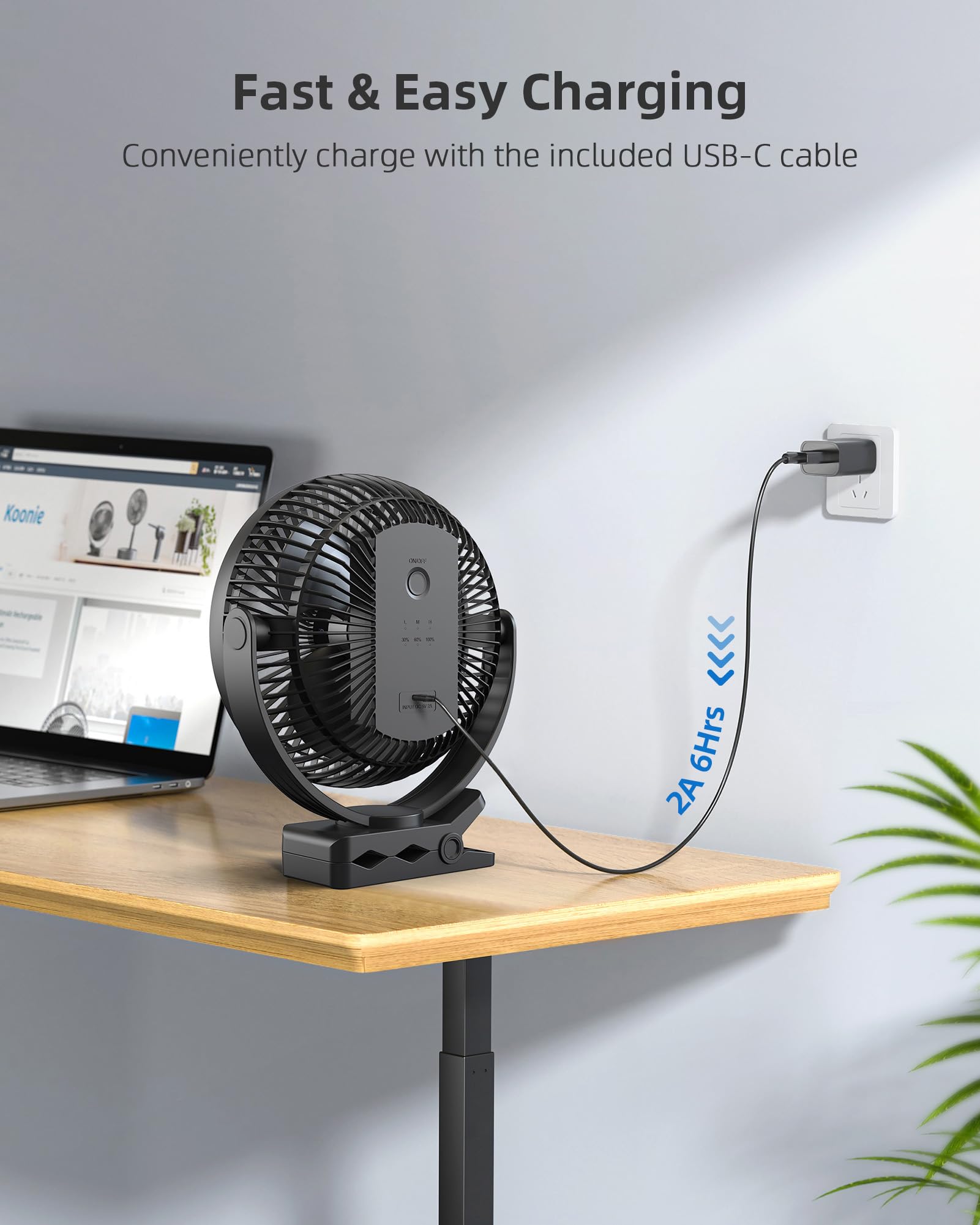 Koonie Ventilador Portátil Recargable de 10000 mAh,Ventilador USB,4 Velocidades & 360° Ajustable, Ventilador de 8 Pulgadas con Batería para el Hogar, Oficina, Gimnasio, Pesca, Camping, Golf
