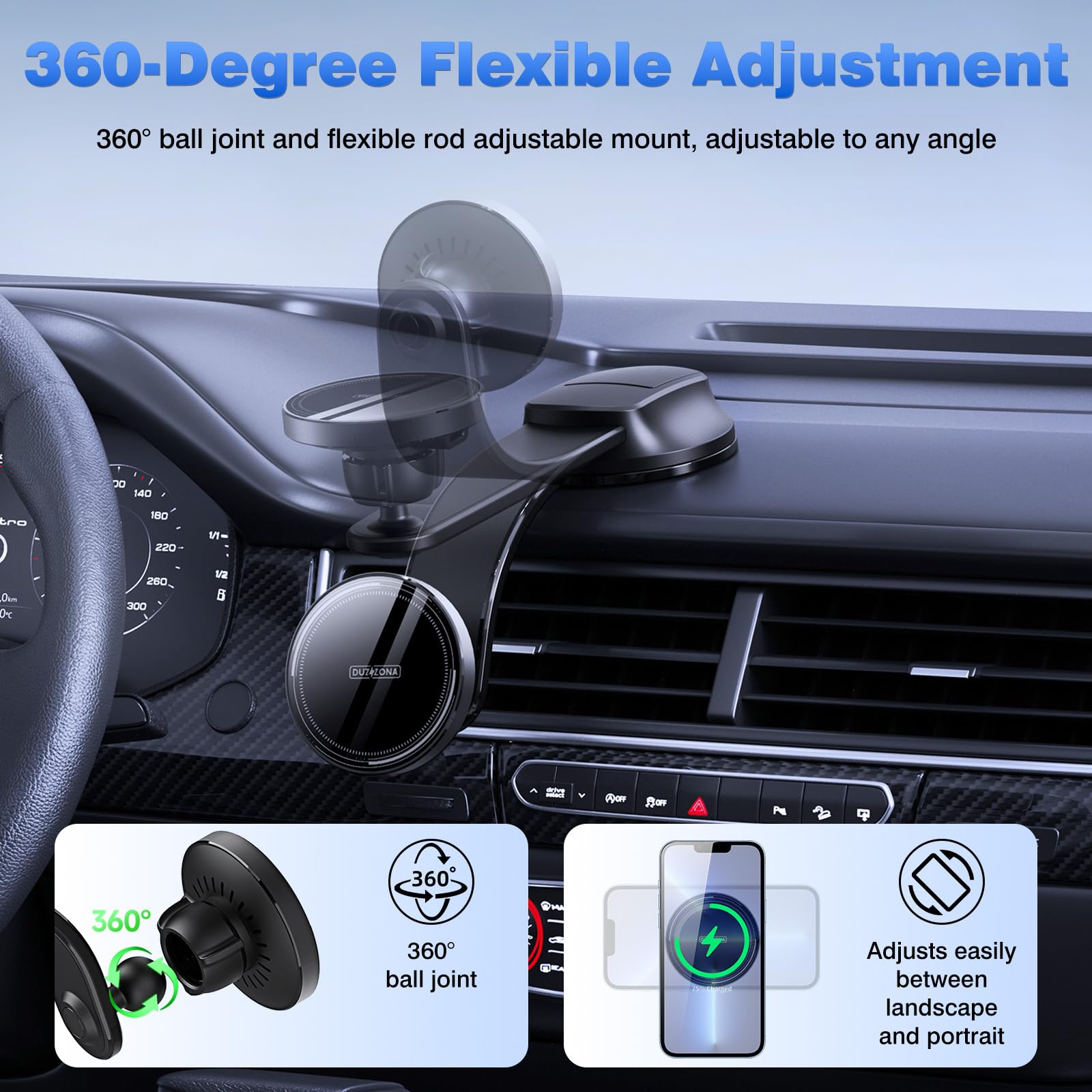 15W Chargeur Induction Voiture, Support Telephone Voiture Induction, Qi2 sans Fi, aimants N52(1300g), Support Telephone Voiture Chargeur pour Grille d'Aération/Pare-brise, Supports Magnétiques Voiture