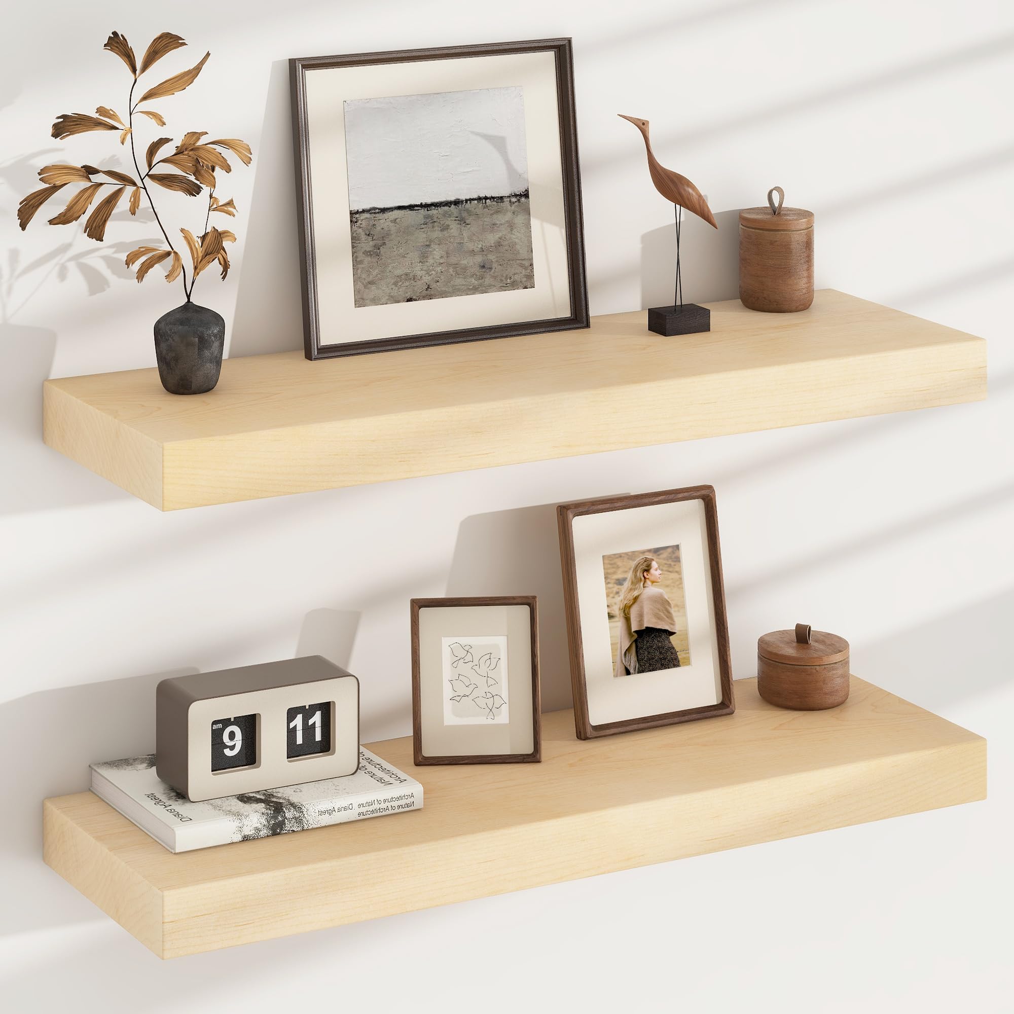 Floating Shelves for Wall, USA-Sourced Maple Wood 30 Inch Wall Shelves Set of 2, Natural Wooden Mounted Picture Ledge Shelf, Nursery Book Storage Shelf Kids Bookshelf Display, Shelf for Bathroom
