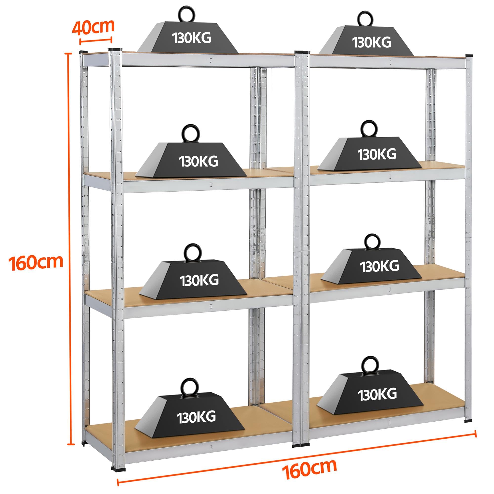 Yaheetech Lot de 2 Étagères de Rangement Charge Lourde Meuble de Garage Ratelier Cuisine Salon 80 × 40 × 160 cm Acier Galvanisé MDF Capacité de Chaque Tablette 130 kg