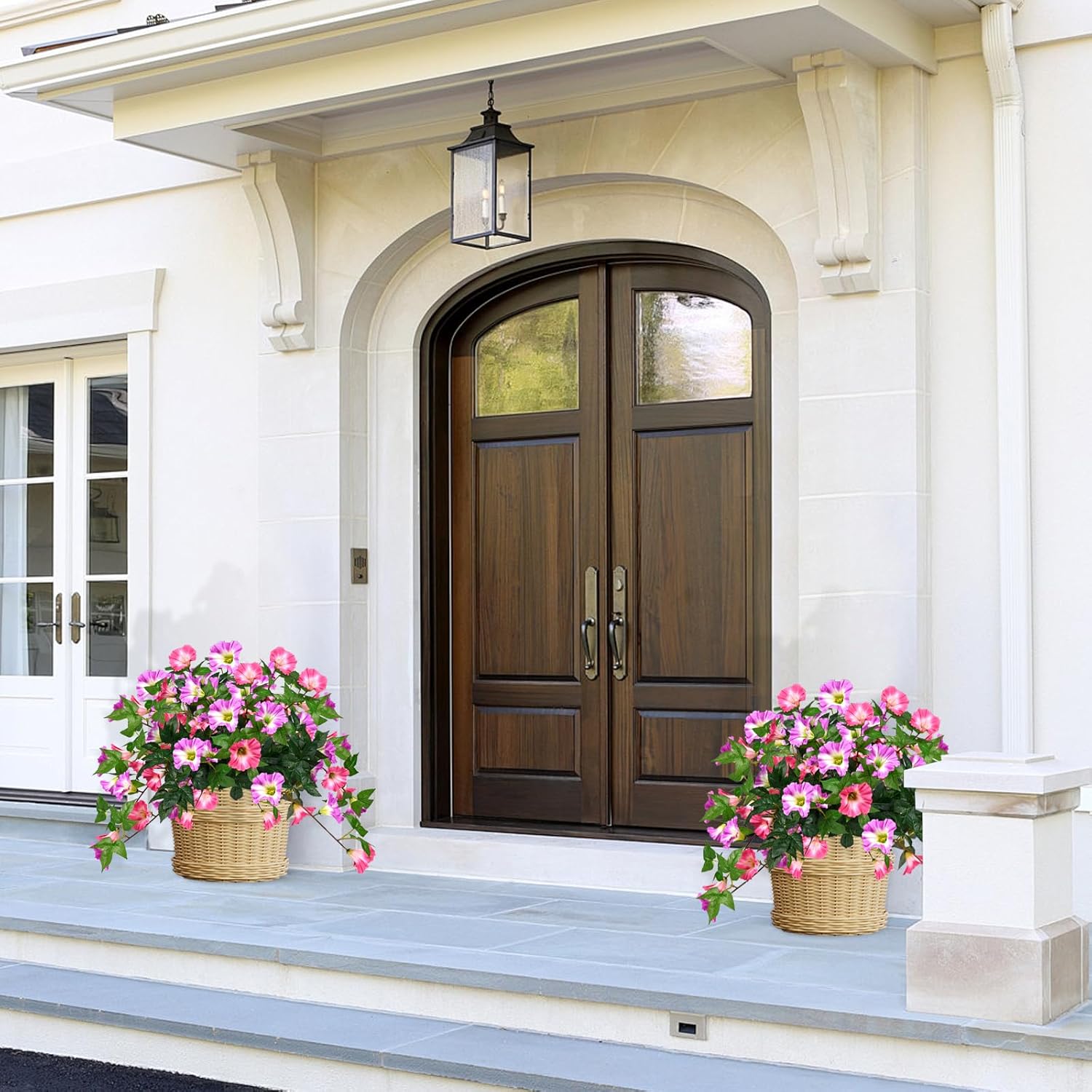 Artificial Flowers for Outdoors with 120 Blooms, Faux Silk Flowers for Outside, UV Resistant Fake Petunias Plants for Hanging Baskets Fence Patio Balcony Garden Cemetery (Purple Red 4 Packs New)