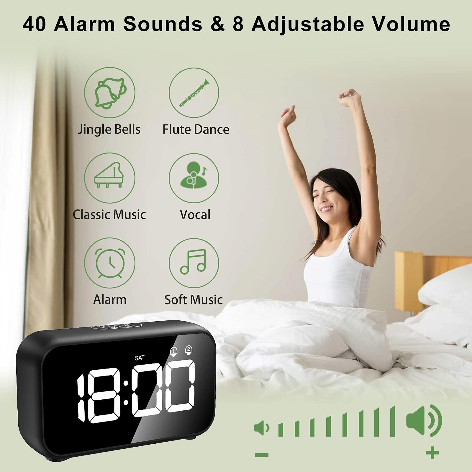 Sveglia Digitale, Sveglia da Comodino LED con 40 suonerie opzionali,Orologio a Specchio con Doppio Allarme, Funzione di Snooze,4 Livelli di luminosità, Sistema 12/24 Ore (Nero)