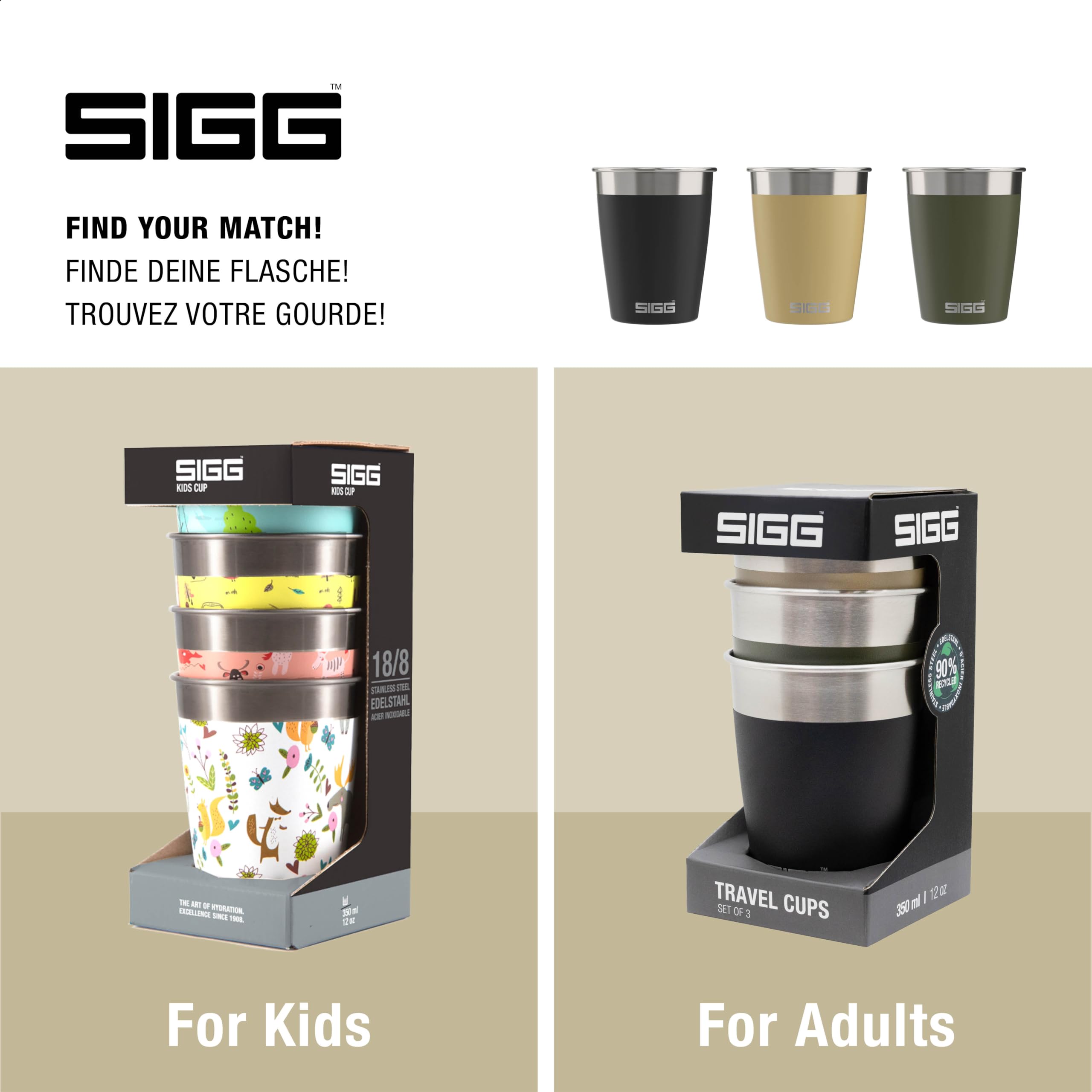 SIGG - Zestaw kubków podróżnych, 3 x 0,35 l, kubek podróżny, nadaje się do mycia w zmywarce, można układać w stos i nadaje się do ponownego użytku, nie zawiera BPA, wytrzymała stal nierdzewna,