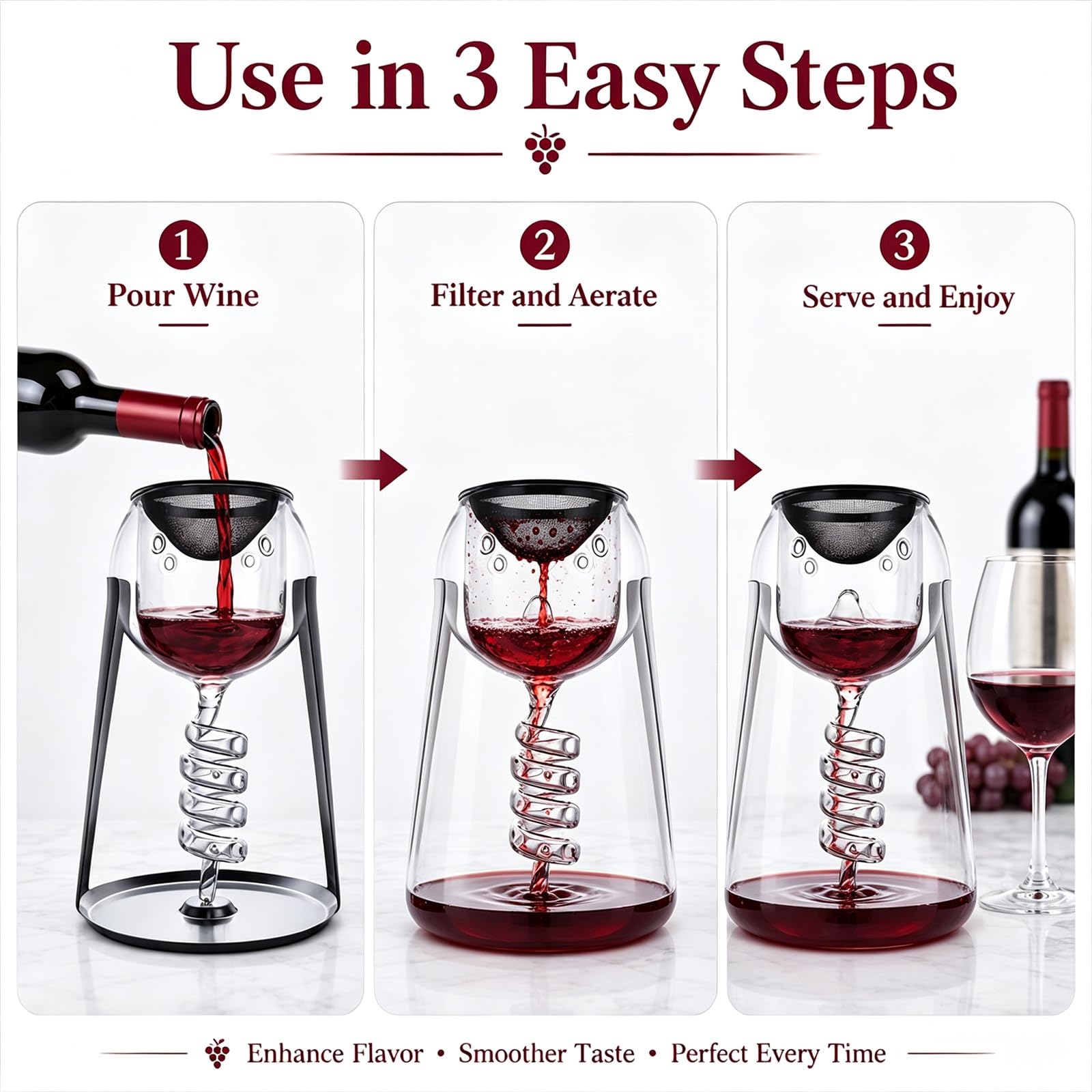 Aérateur de vin en verre, modèle à spirale avec filtre et support