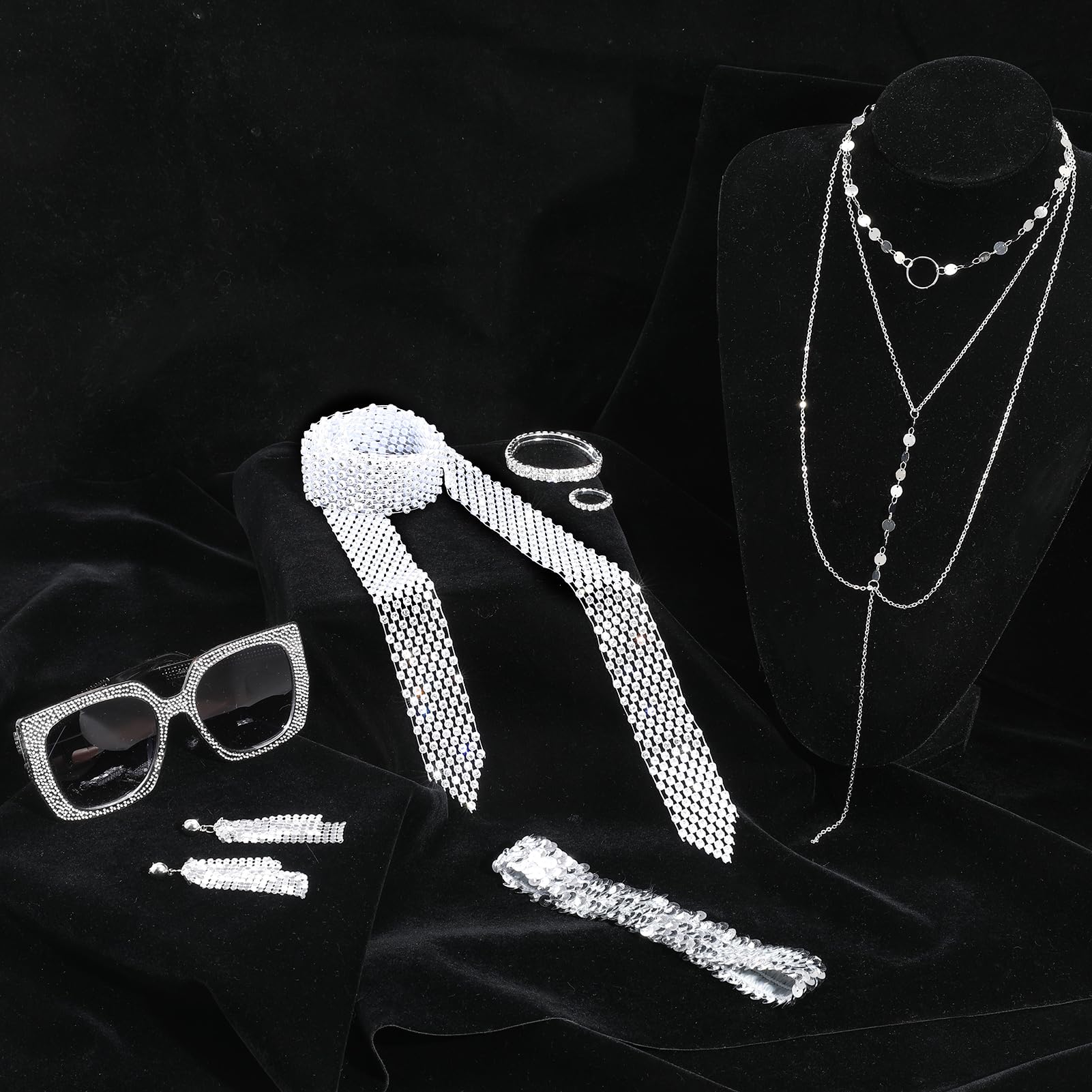 Invalidism 8 Pcs 70s Abba Accessories Set,1970s Abba Costume Set including Sequin Headband Long Scarf Necklace Bracelet Earrings Ring Sunglasses for Disco Theme Party Hippie Costume - Image 3