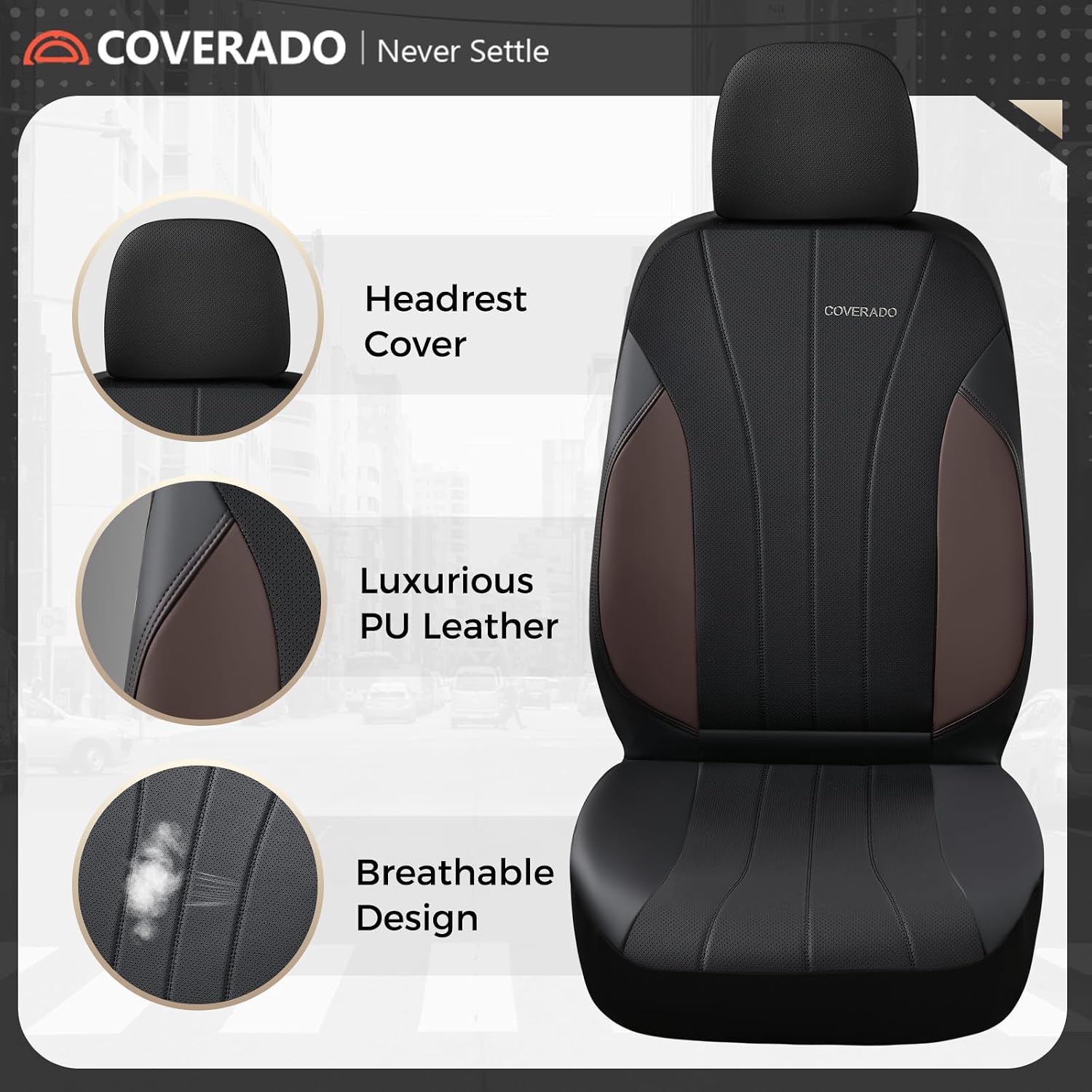 Coverado Car Seat Covers， 2 Front Seats Waterproof Nappa Leather Automotive Seat Protectors, Front Luxury Mesh Seat Covers, All-Weather Universal Fit for Most Cars SUVs, Trucks, Coffee&Black