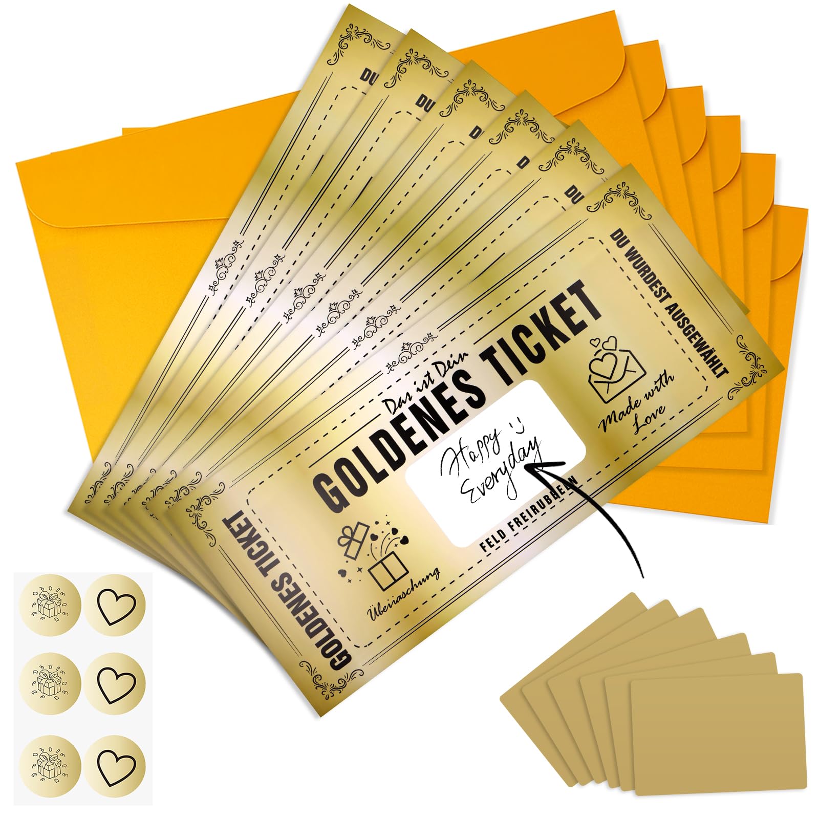 Solivive 6 Packs Golden Ticket Scratch-Off Surprise Set - Personalised Scratch Card with Customizable Cards,Envelopes, Coatings & Stickers - Ideal for Birthdays,Valentine’s Day,Anniversaries & Parties