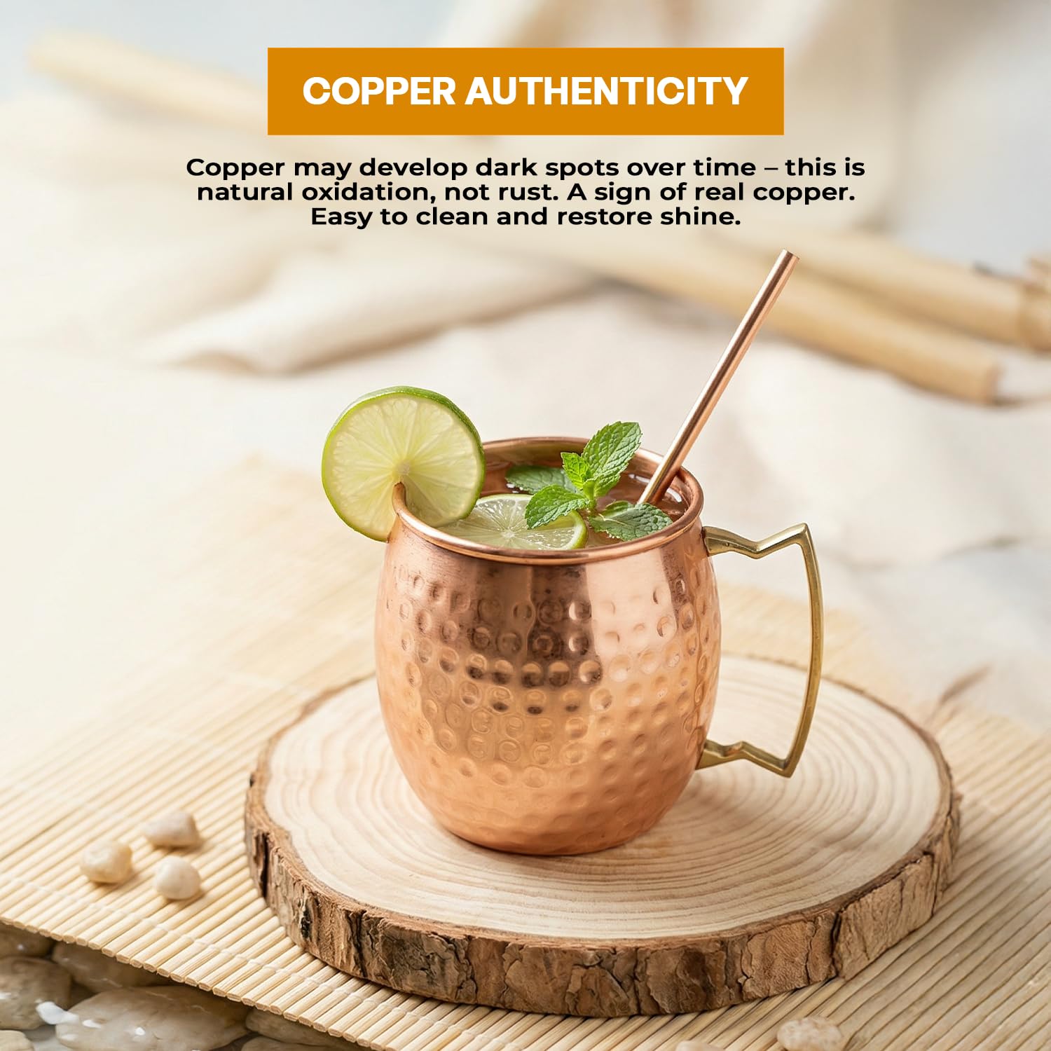 Kupferbecher für Moscow Mule | Reines Kupfer-Trinkgefäß für Cocktails, Bier und Kaltgetränke | Gehämmert mit Henkel | Klassischer Barbecher für Zuhause und Partys