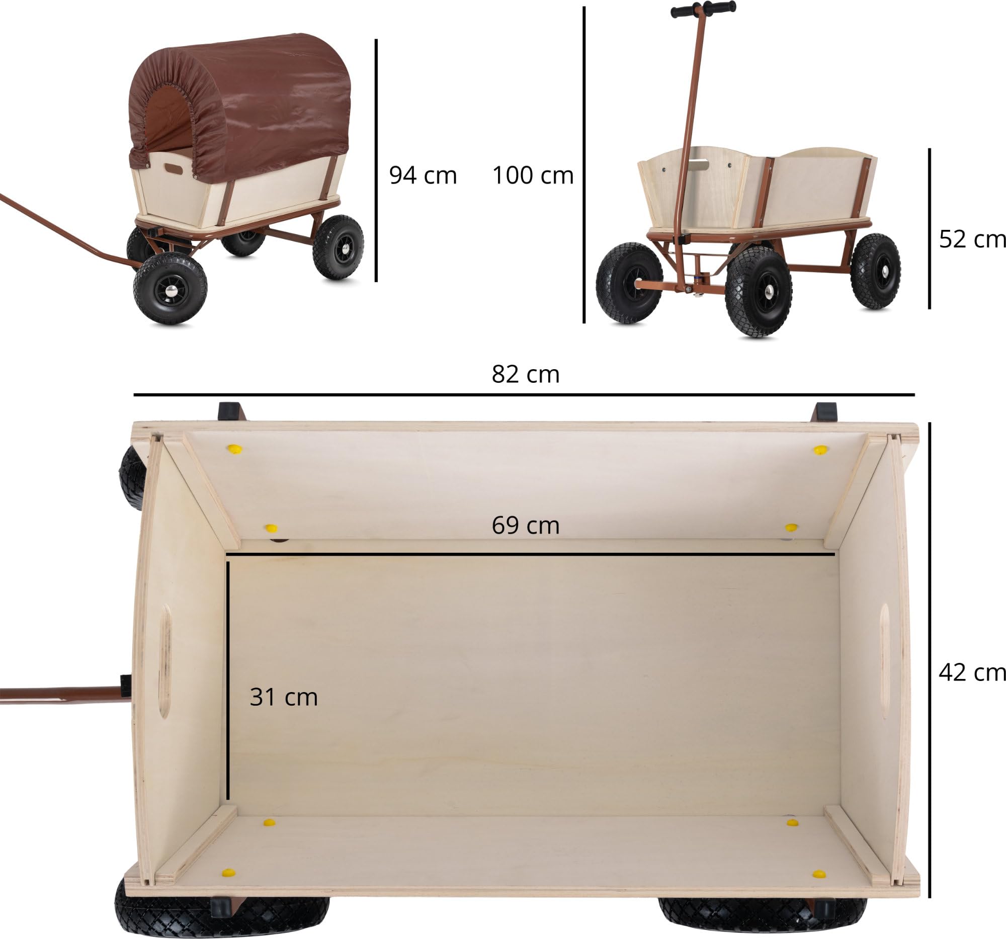 Stagecaptain Bollerwagen Holz im Wild Western Style - Handwagen mit Dach für Sonne und Regen - Lenkbare Vorderachse & Deichsel aufrecht fixierbar - Robuste Profilreifen aus Hartplastik