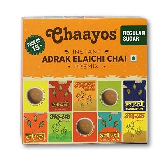 Chaayos Instant Tea Premix - Adrak Elaichi Flavour - Regular Sugar (22g * 15 Sachet) (Makes 150ml), Ginger Powder, Elaichi Powder, Premix Tea, Assam Tea, Desi Chai