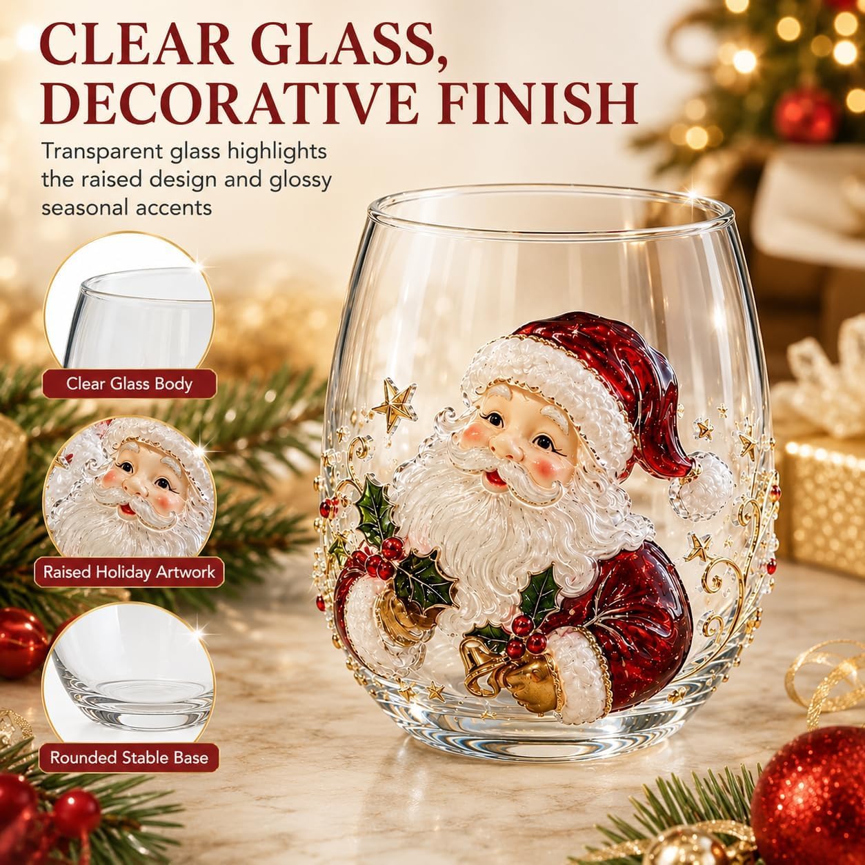 Generisch 3D Weihnachts-Trinkglas Stemless mit Weihnachtsmotiven, 6Pcs