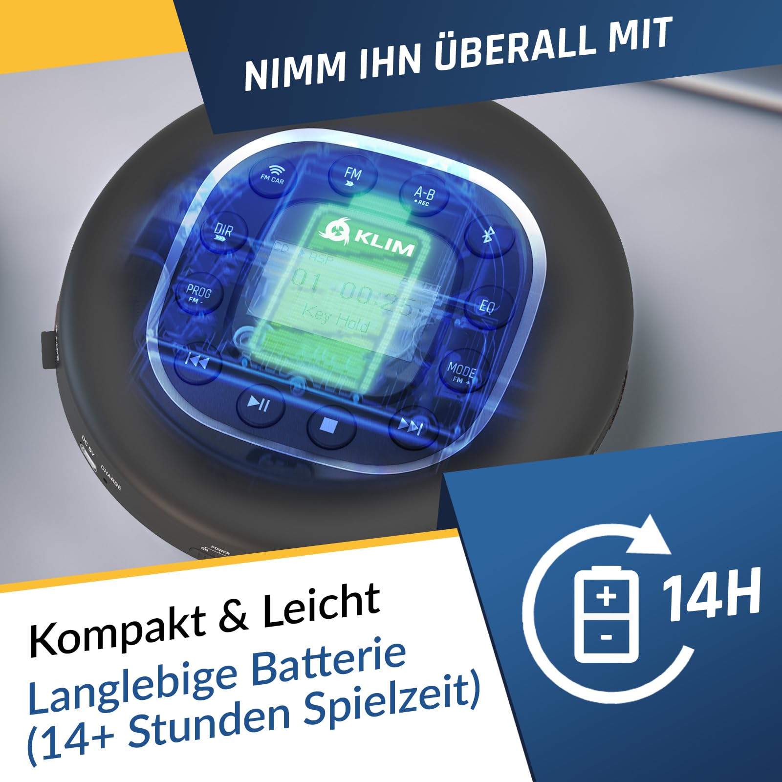 Journey Tragbarer CD-Player mit Radio FM und Bluetooth | Mit Anti-Schock-Chip SD-Kartenleser und wiederaufladbarem Akku fürs Auto, Schwarz