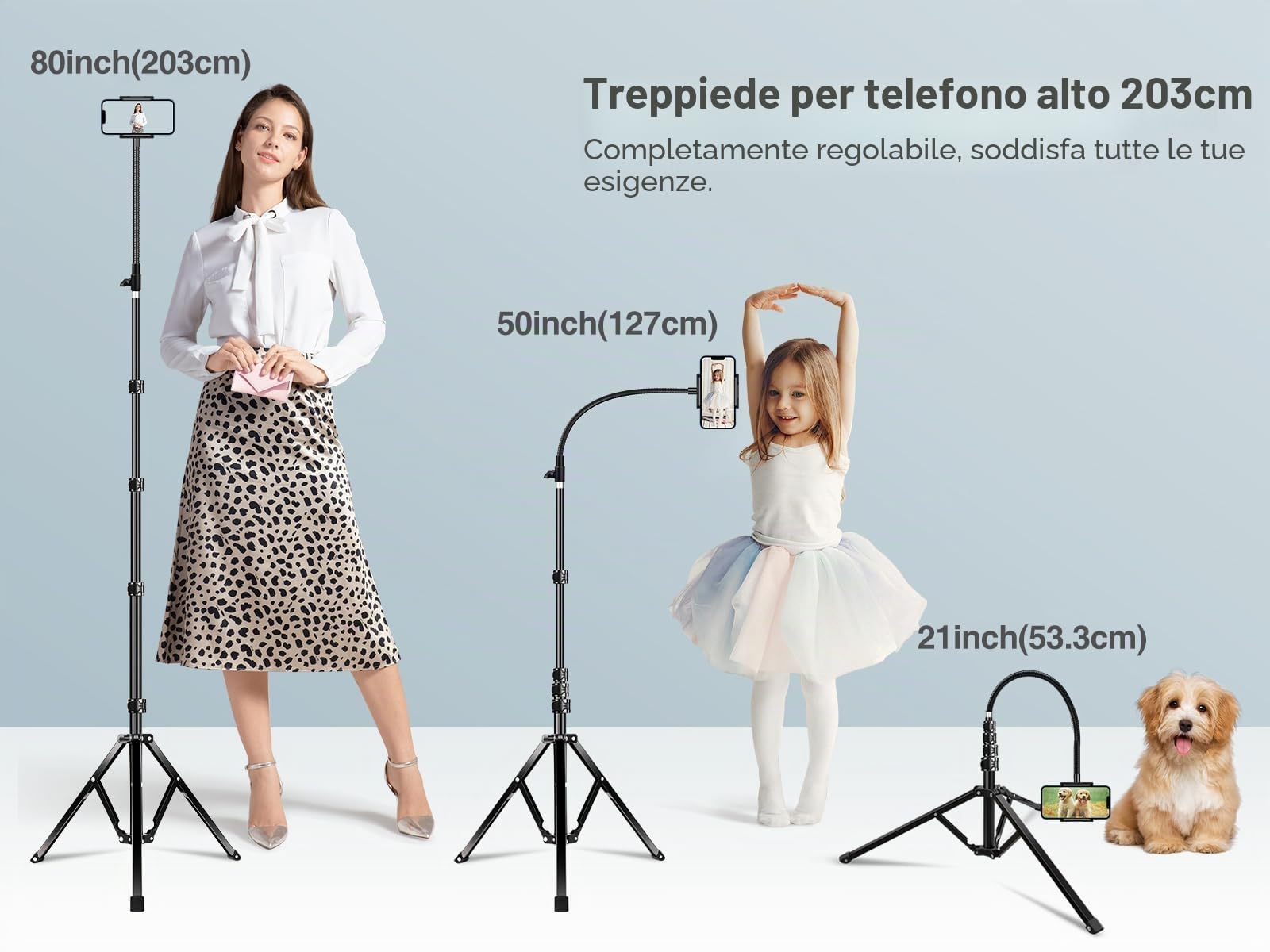 Elitehood Treppiede Alto 203 cm, in Metallo Resistente per Smartphone e iPhone, Girocollo d'oca con Cavalletto e Rotazione a 360° per iPhone 15 14 13 Pro Max