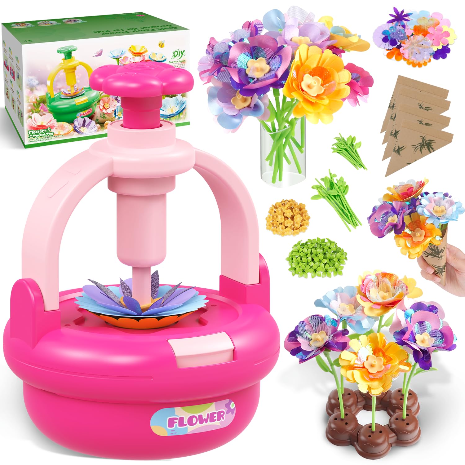 Kit Bouquet di Fiori in Stoffa per Bambine 4-8 Anni - Macchina DIY con Vaso | Petali, steli, centri e carta floreale da assemblare – attività riutilizzabile e regalo creativo da condividere in famiglia