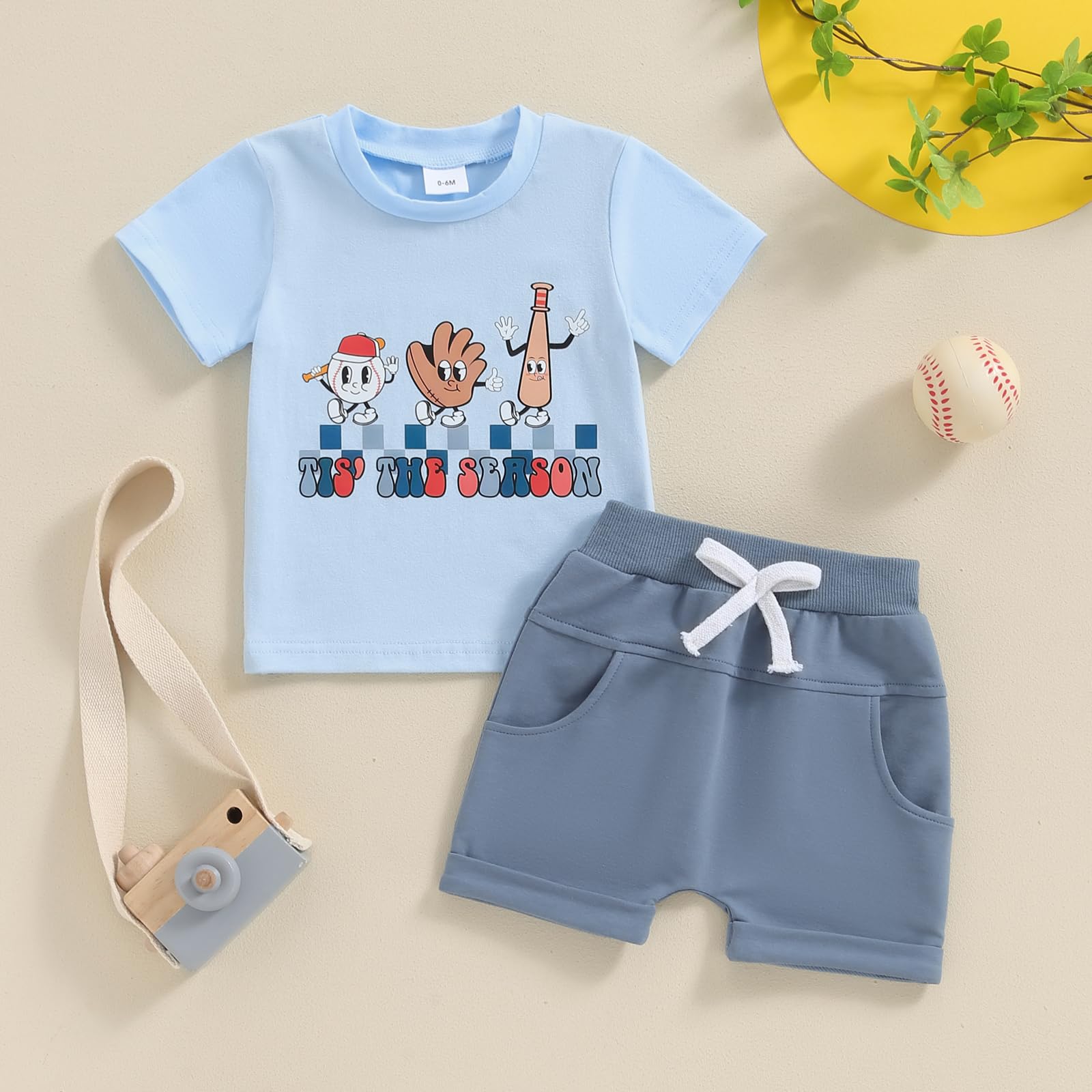 Newborn Baby Boys Shorts Set Baseball Letters Short Sleeve T-shirt Elastic Waist Shorts Set 2Pcs Summer Outfit (Blue, 2-3T)