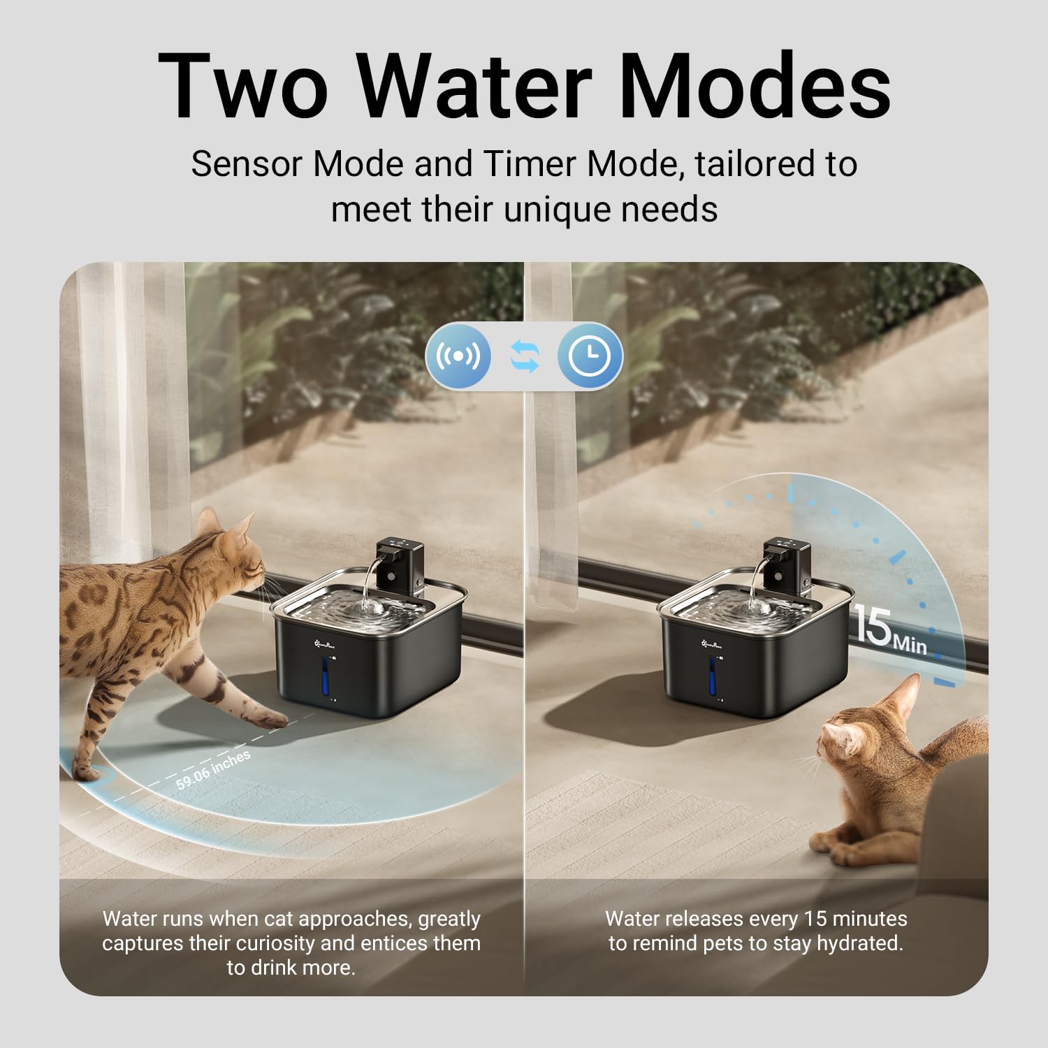 DownyPaws Cat Water Fountain Stainless Steel Wireless, 101 oz/3L FurSink Cordless Water Fountain for Cats, Battery Operated Cat Fountains for Drinking with Motion Sensor, Easy Clean, Black - image 4