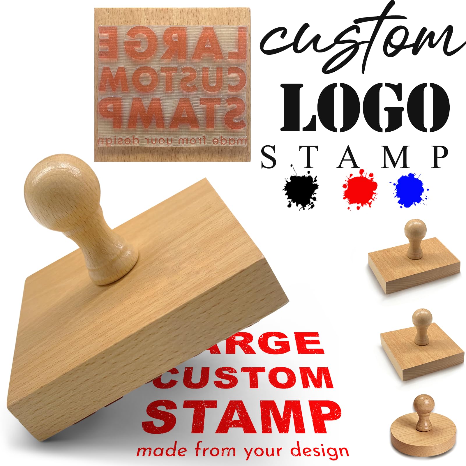 Wjuneyao Square Custom Logo Stamp Personalized Wooden Rubber Stamps With Text, Name With Handle, Address| Multiple Sizes For Business| Make Your Own Stamp