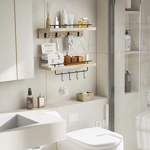 Miniatura 2 de Estantes flotantes de pino con ganchos, estantes flotantes de madera natural para baño sobre el inodoro, juego de 2 estantes de pared de madera