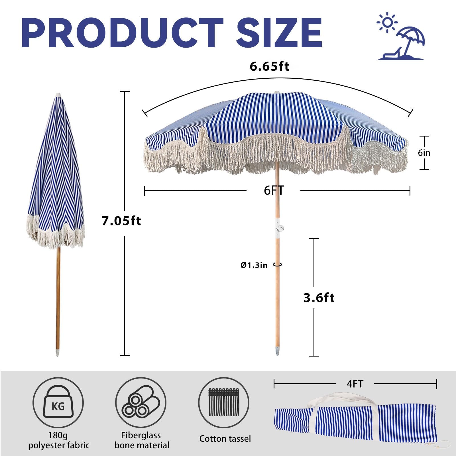 Ombrello da patio per esterni, stile bohémien, con nappa, a righe, blu, bianco, impermeabile, UPF50+, 8 costole, inclinabile, portatile, con borsa per il trasporto, per spiaggia, piscina, giardino