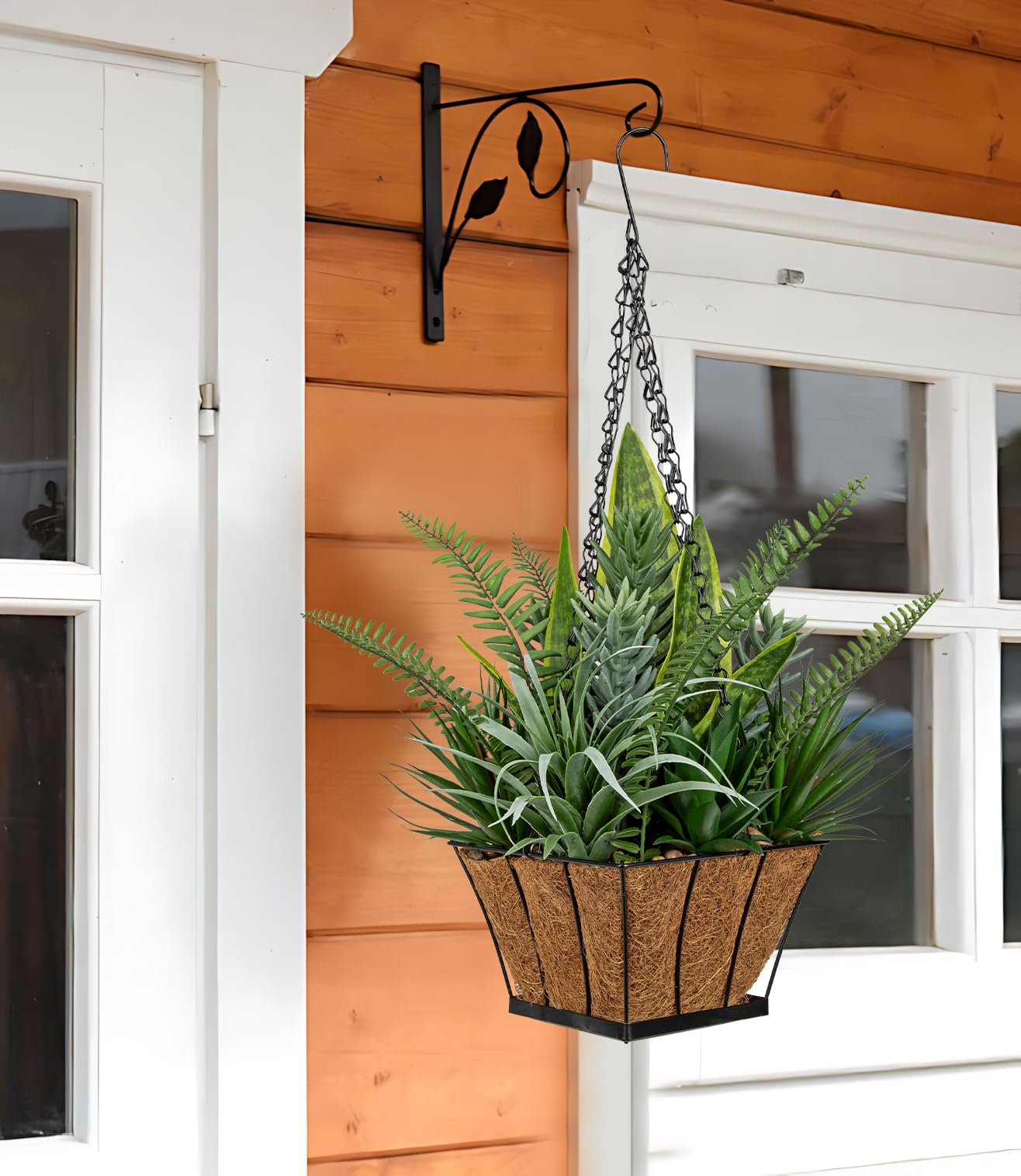 Plantas colgantes artificiales en cesta de 55 cm, plantas de serpiente sintética, mezcla de suculentas con forro de fibra de coco, maceta de metal, planta colgante falsa para interiores y
