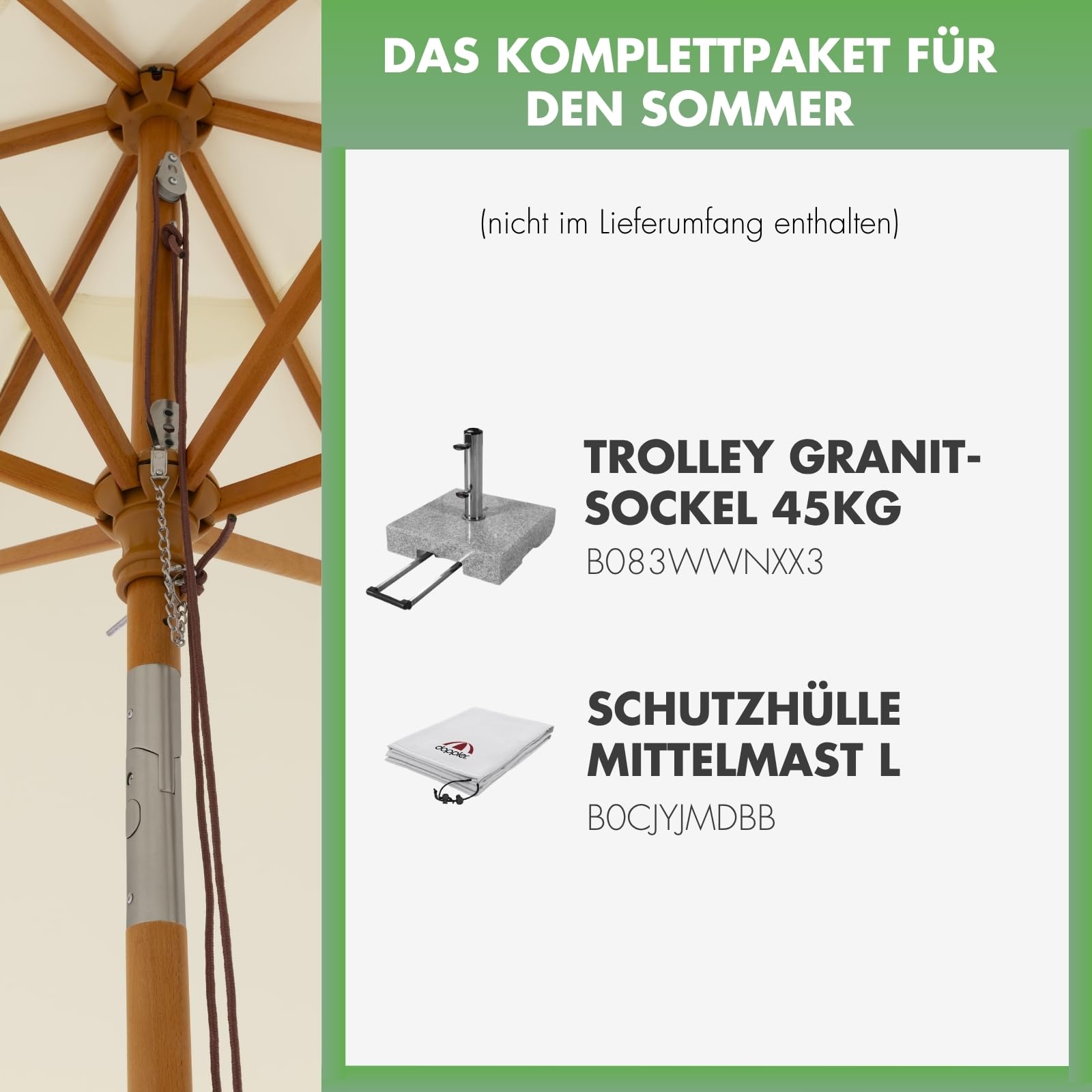 Doppler Deluxe 300cm Sonnenschirm, Hellbeige, Echtholzschirm, UV Schutz 50+ | Runder Gartenschirm, Schirmdach aus Polyester mit Volant, gefertigt aus FSC-zertifiziertem Holz, neigbar & höhenverstellbar