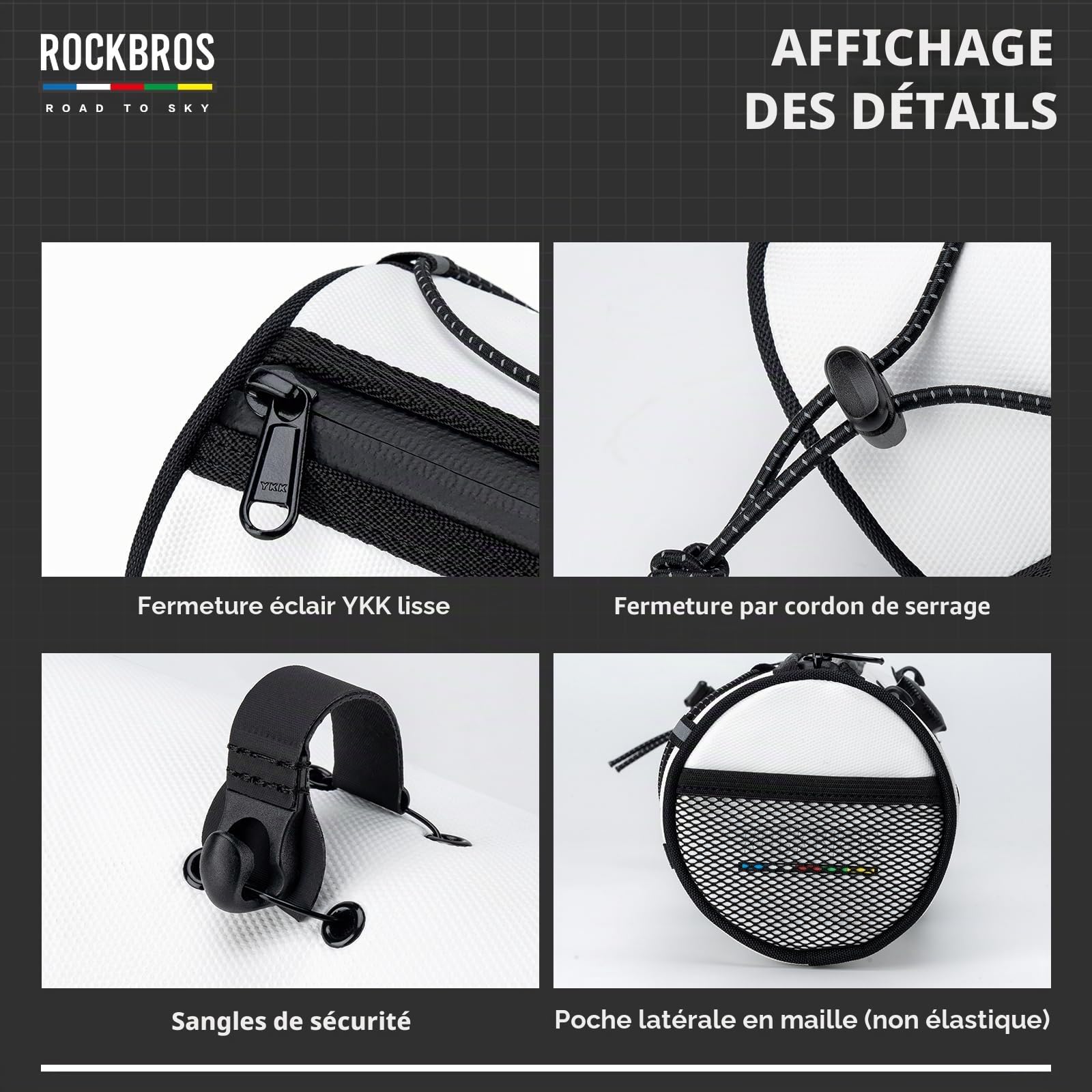 ROCKBROS Road to Sky Sacoche Guidon Vélo 1,5L Sac Cintre VTT Moderne Sacoche Gravel Avant Réfléchissant étanche Cylindrique Vélo Ville Polyester PU EVA Anti-Déformation Blanc Orange Vert Gris Noir