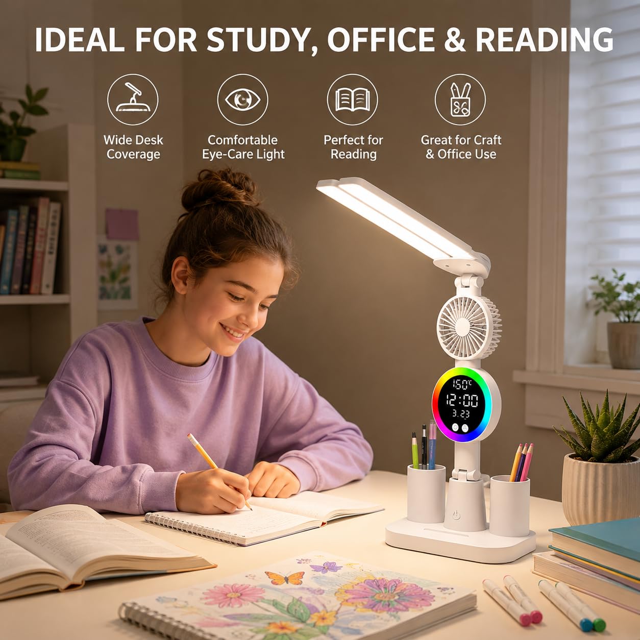 Lampe de bureau LED, lampe d'étude à double tête avec ventilateur