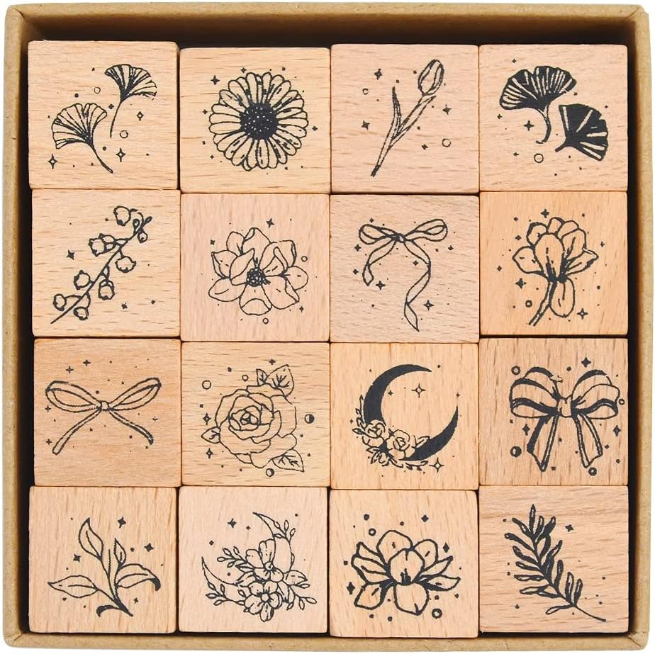 HASTHIP® 16Pcs Vintage Wooden Rubber Stamps, Aesthetic Flower Decorative Rubber Stamp Set, Bowknot Flower Leaf Stamp for Art Craft, Journal, Diary, Scrapbook, Letter, Card Making